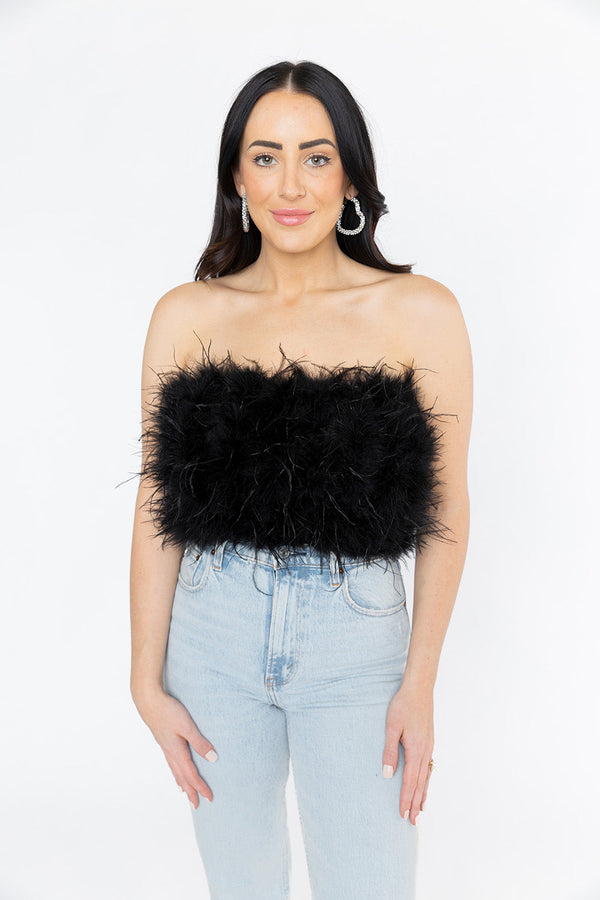 Fancy Strapless Feather Crop Top - Black