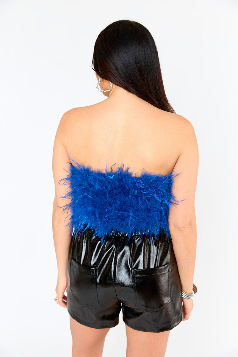 Fancy Strapless Feather Crop Top - Royal Blue