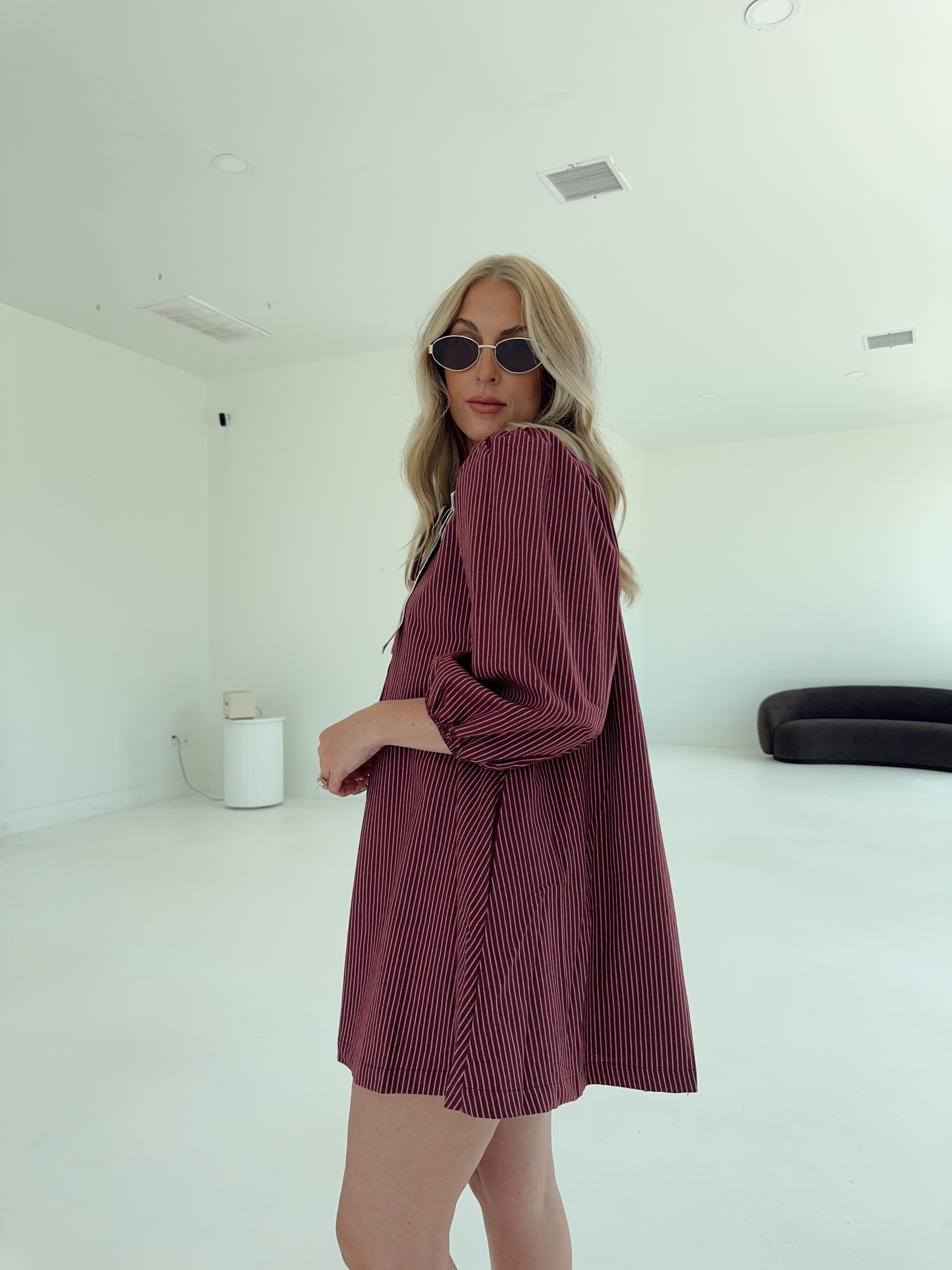 Saige Striped Scallop Collar Dress - Burgundy