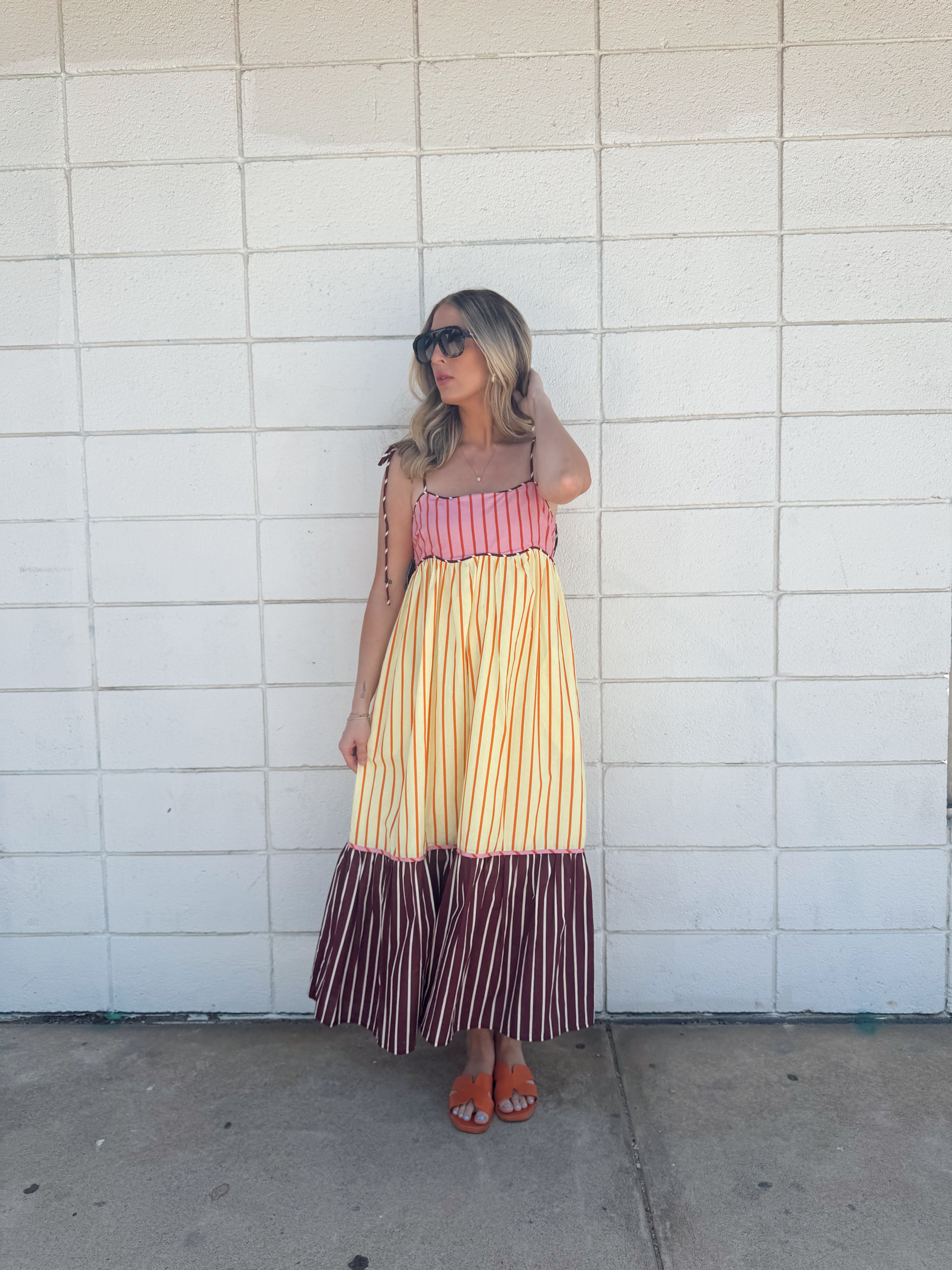 English Factory Colorblock Stripe Tie Midi Dress