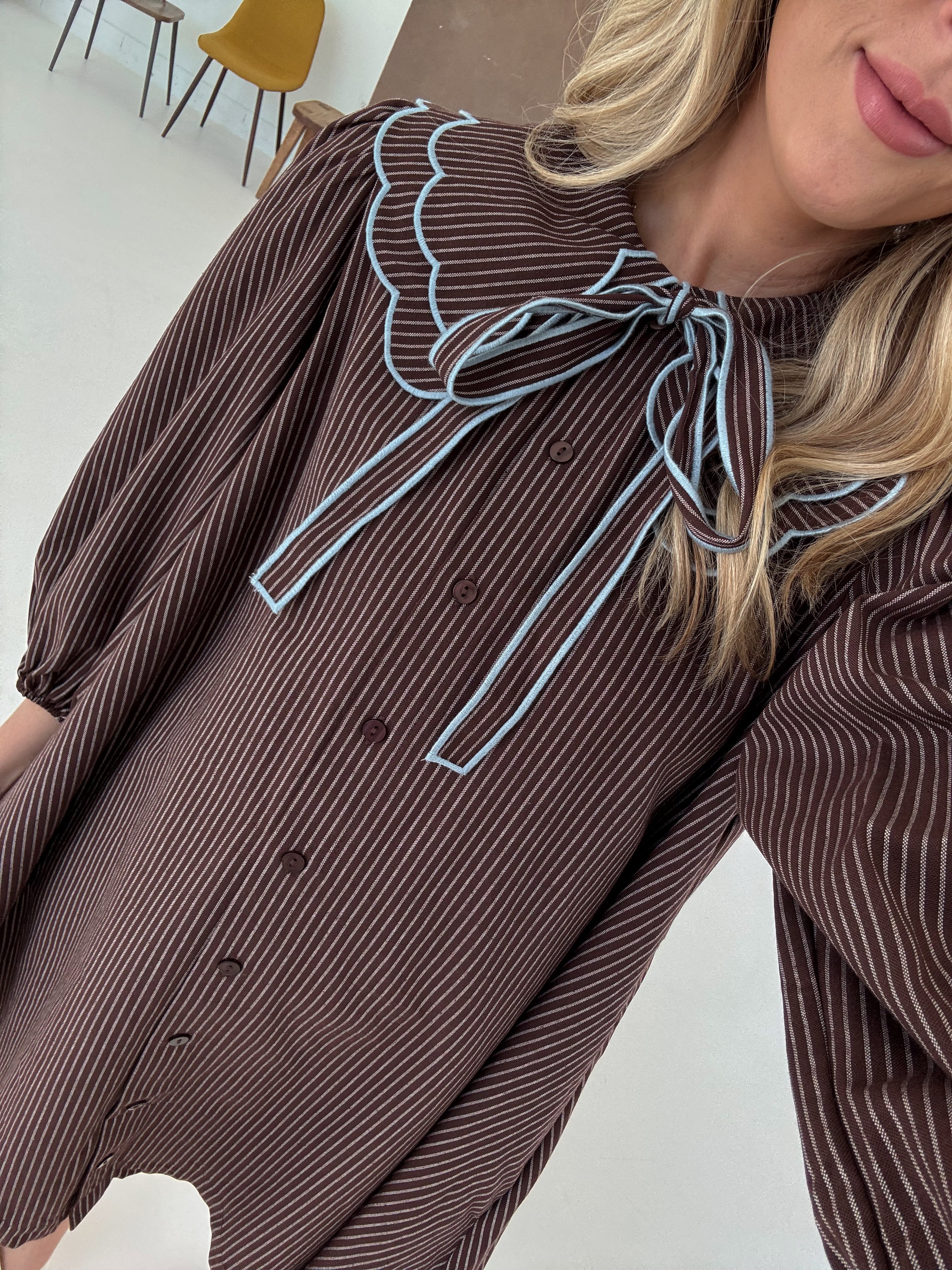 Saige Striped Scallop Collar Dress - Brown