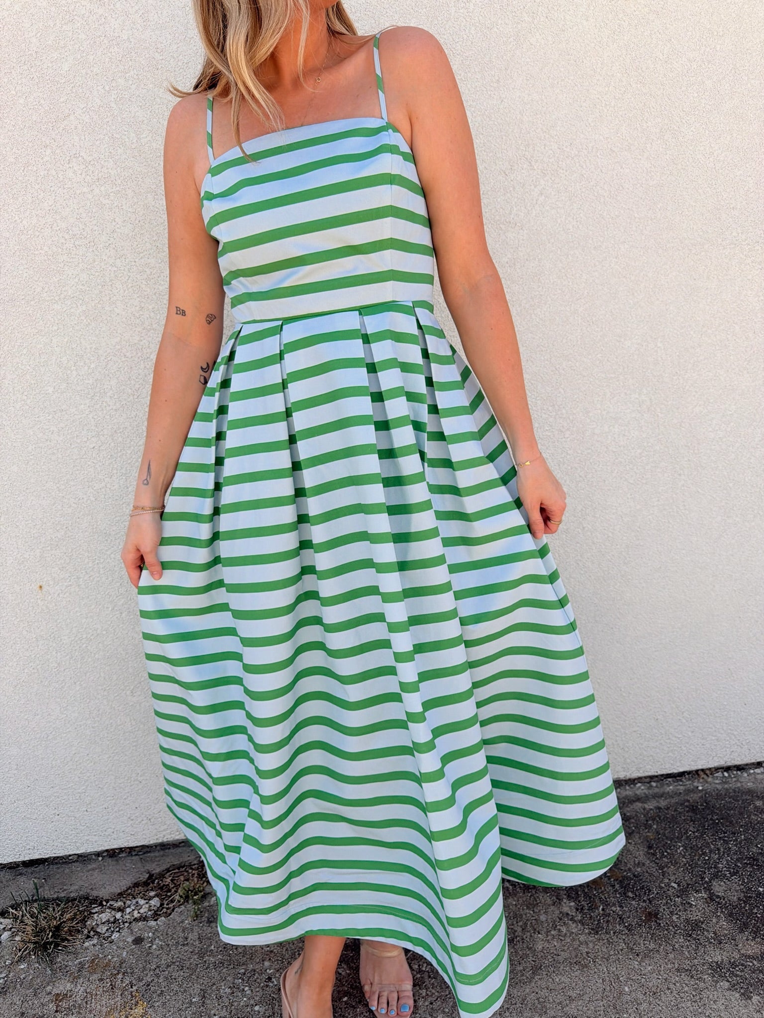 English Factory Striped Pleated Midi Dress