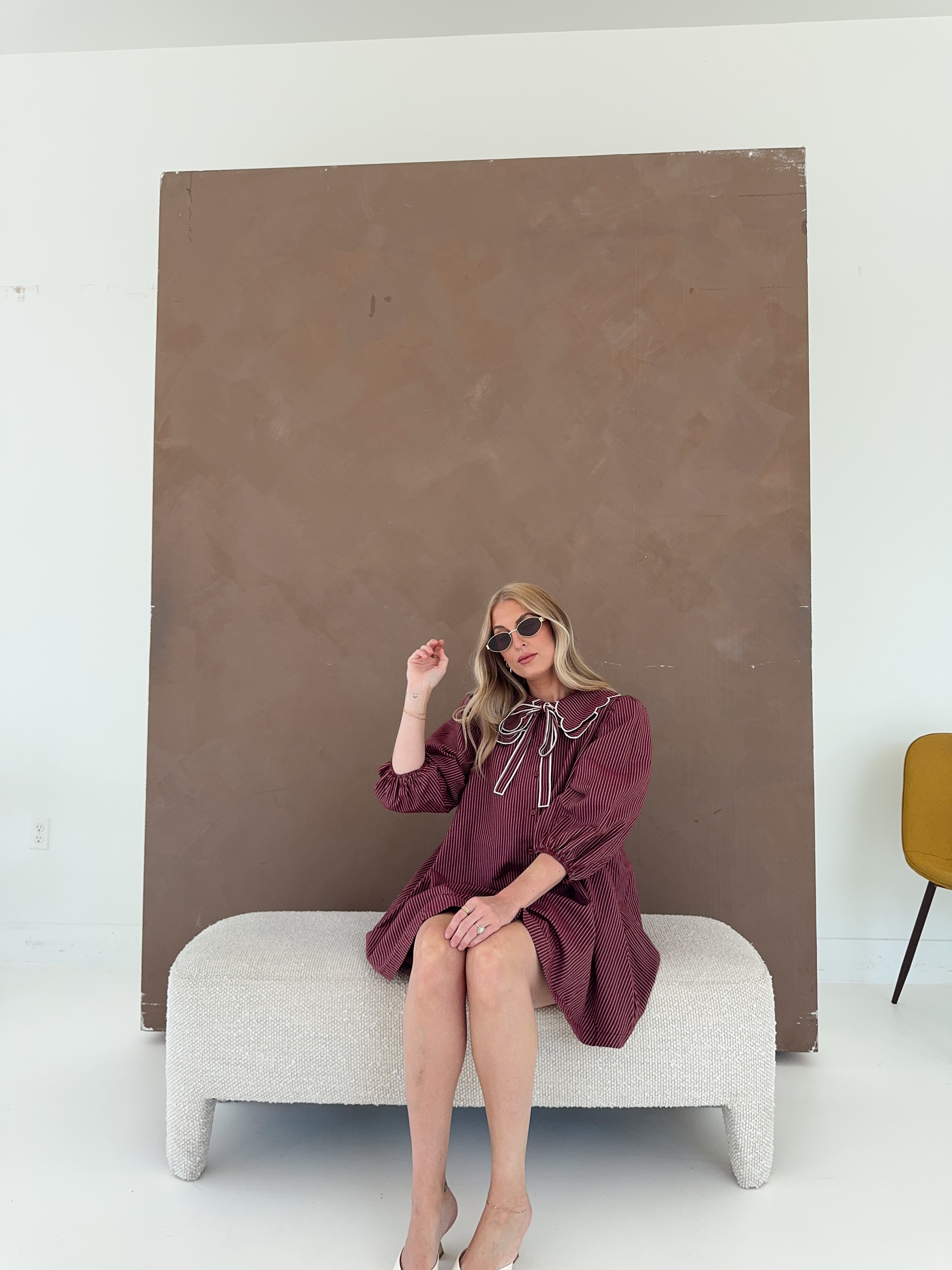 Saige Striped Scallop Collar Dress - Burgundy