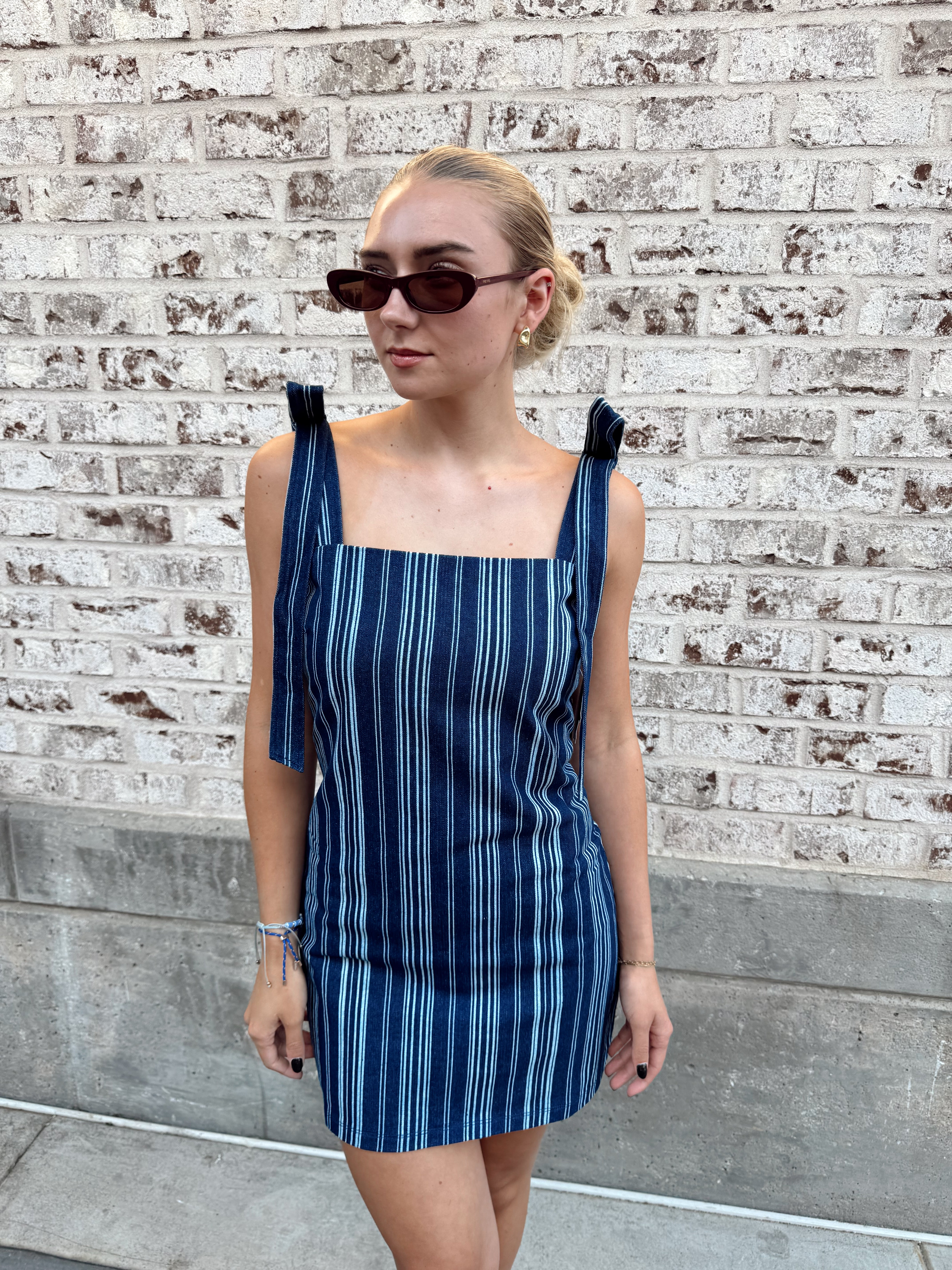 English Factory Denim Stripe Bow Shoulder Mini Dress