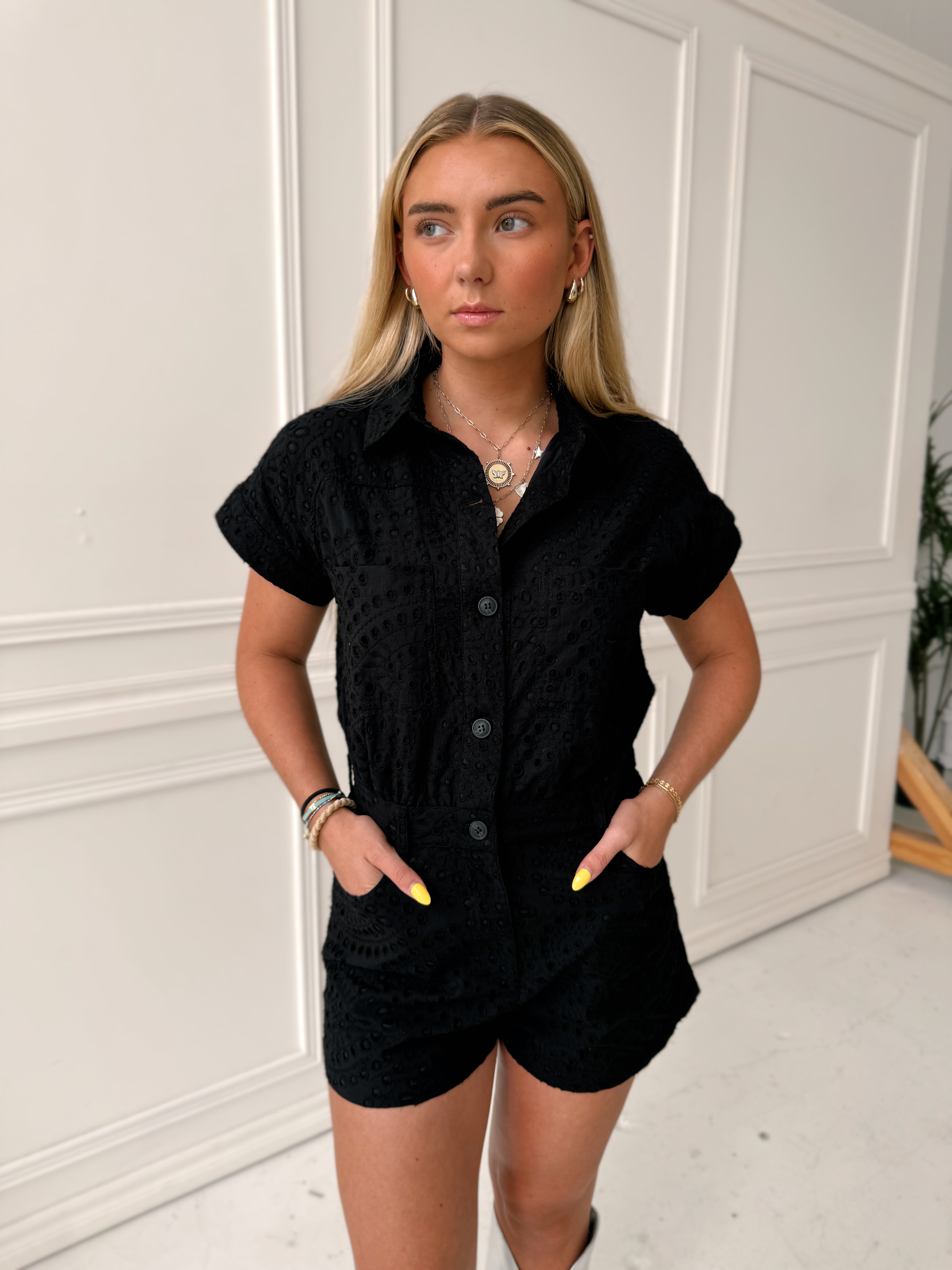 Sincerely Ours Avril Romper - Black Eyelet