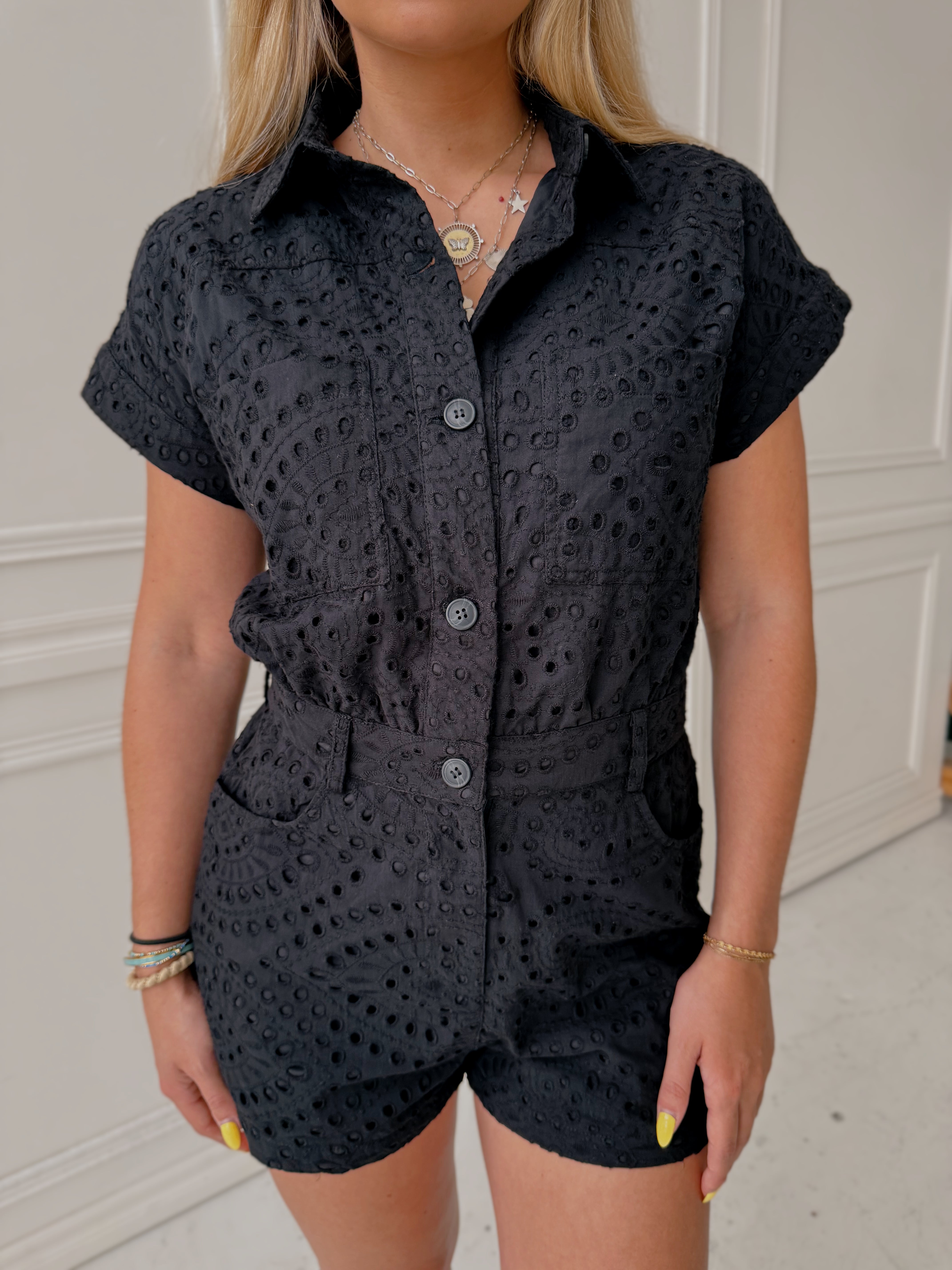 Sincerely Ours Avril Romper - Black Eyelet