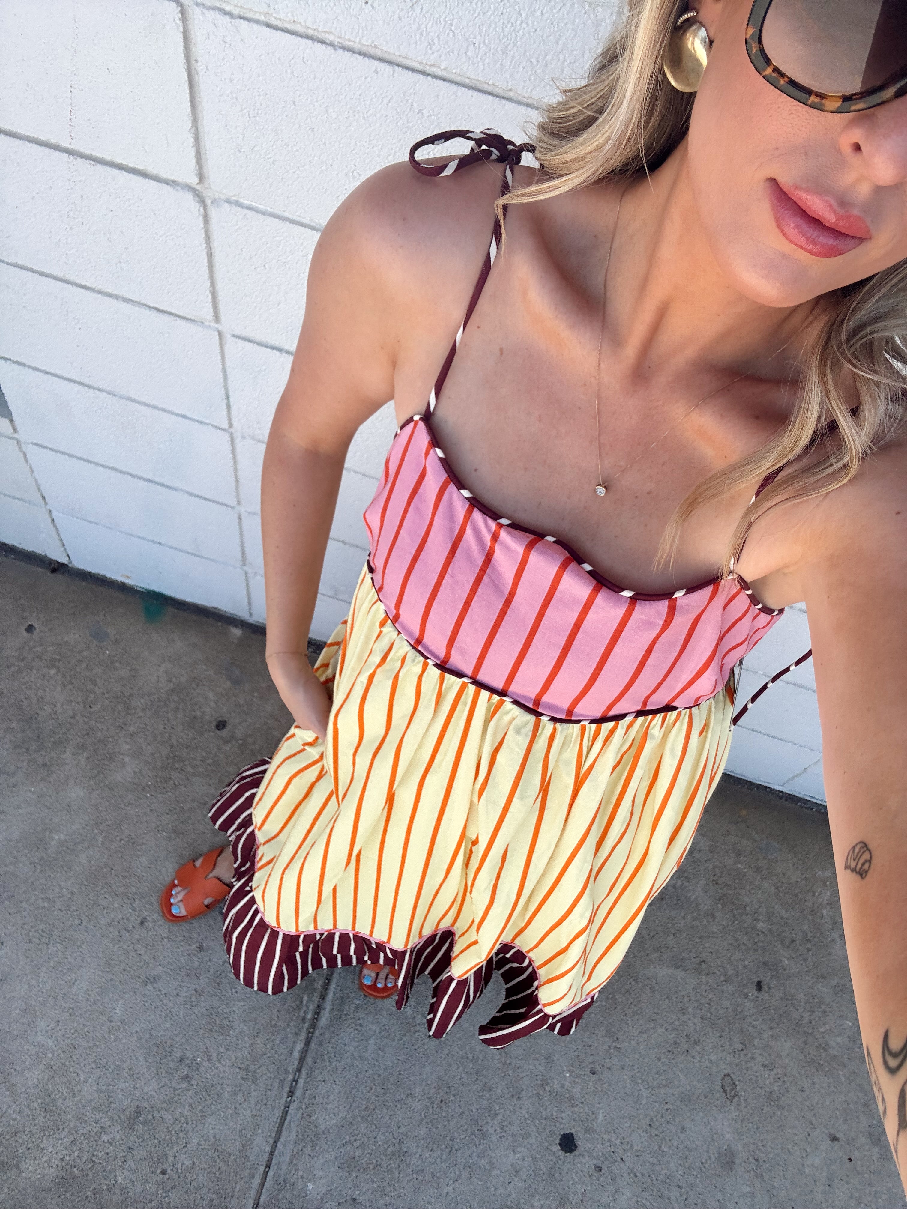 English Factory Colorblock Stripe Tie Midi Dress