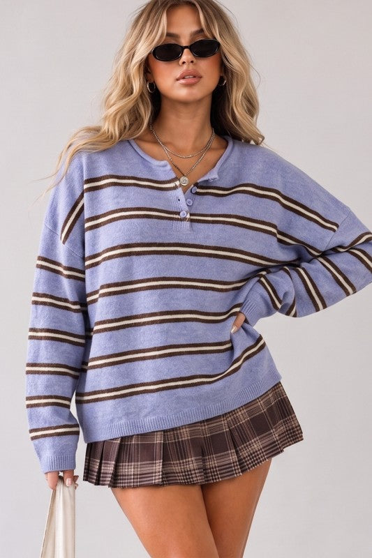 Caroline Cozy Stripe Knit Sweater - Blue