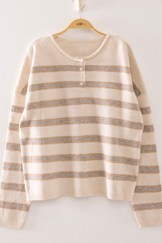 Caroline Cozy Stripe Knit Sweater - Oatmeal