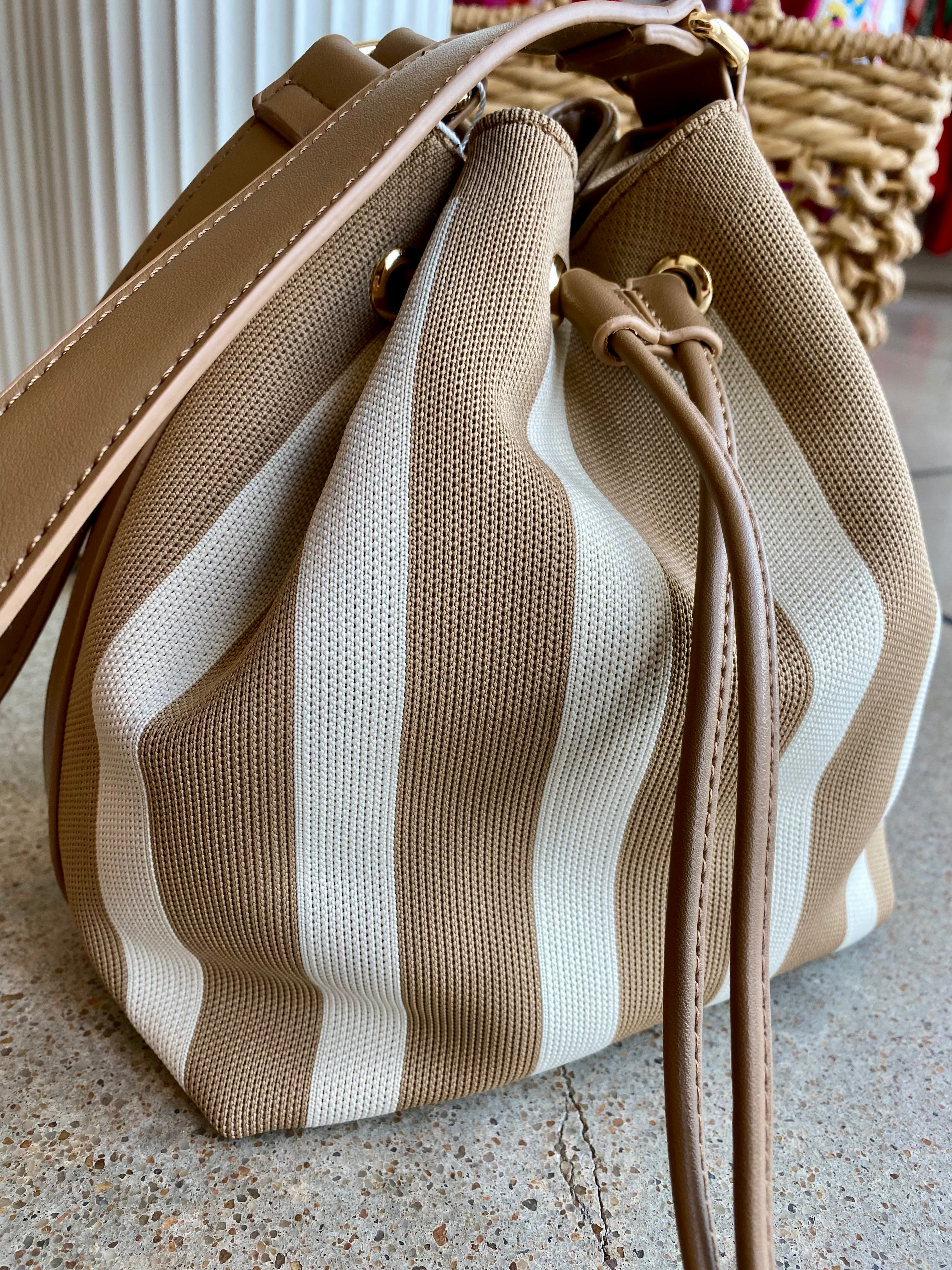Isla Tan Stripe Bucket Bag