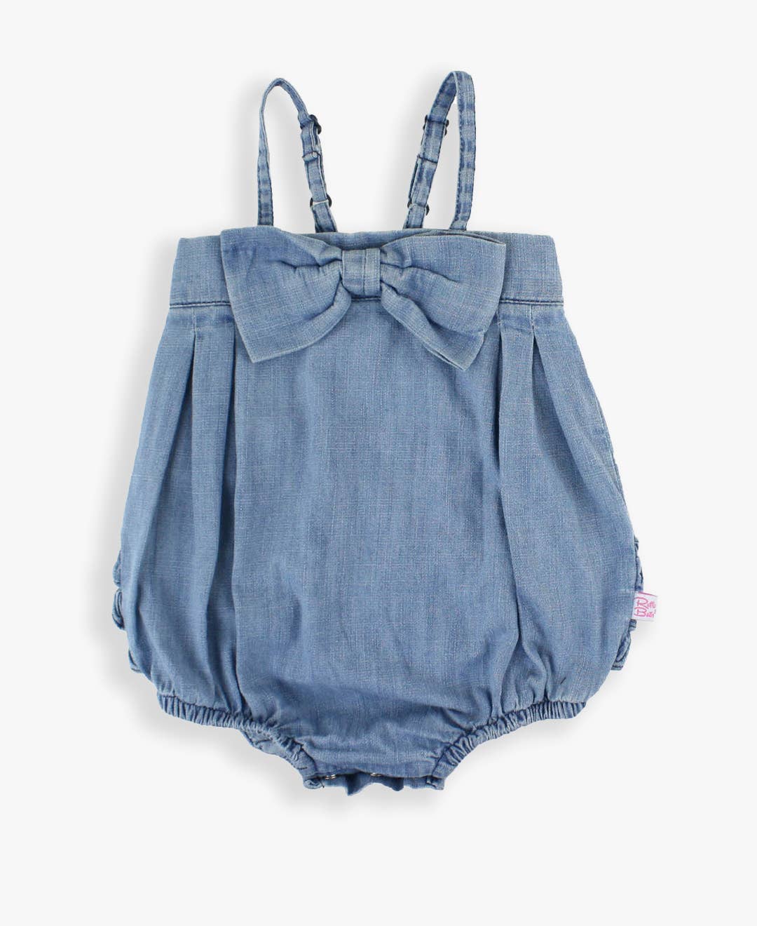 RuffleButts + RuggedButts Light Wash Bow Front Bubble Woven Romper