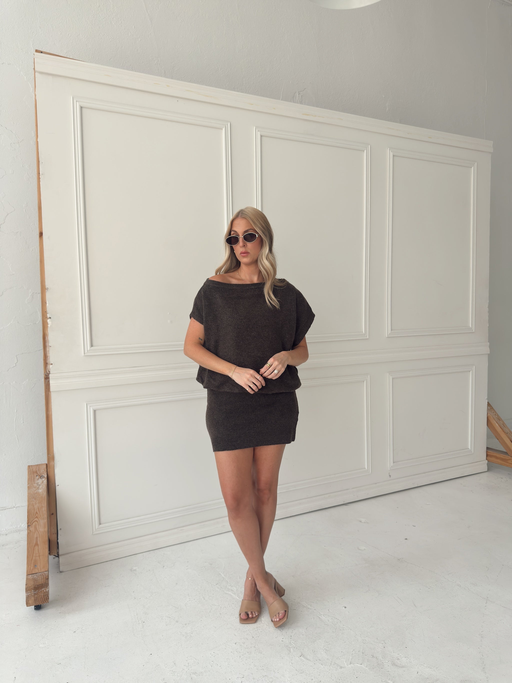 Lauren Off Shoulder Drop Waist Sweater Dress - Brown