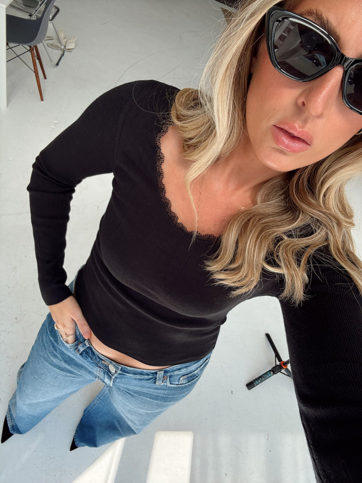 Presley Pointelle Rib Knit Sweater - Black