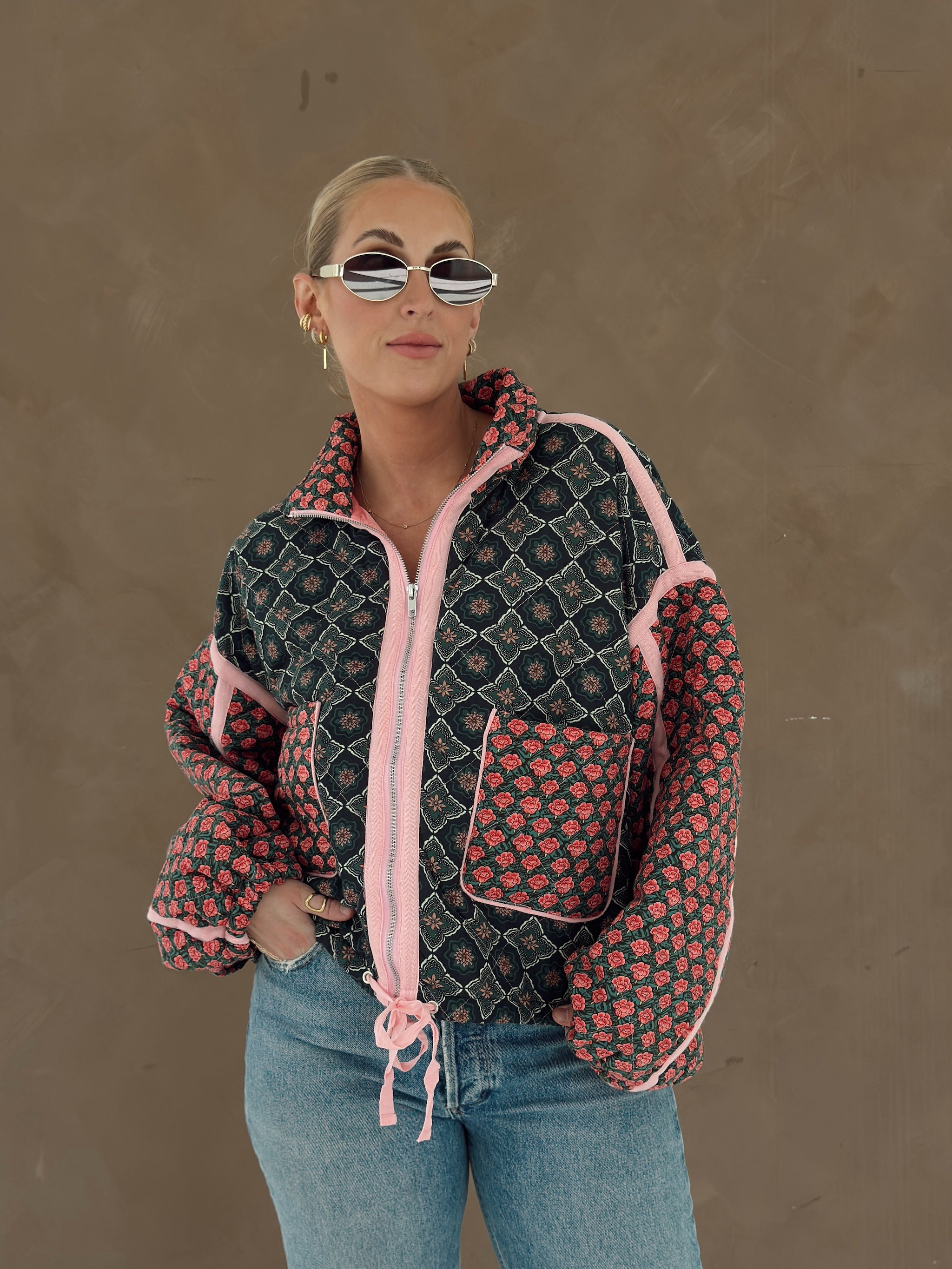 Quinn Quilted Bomber Jacket in Rose Garden