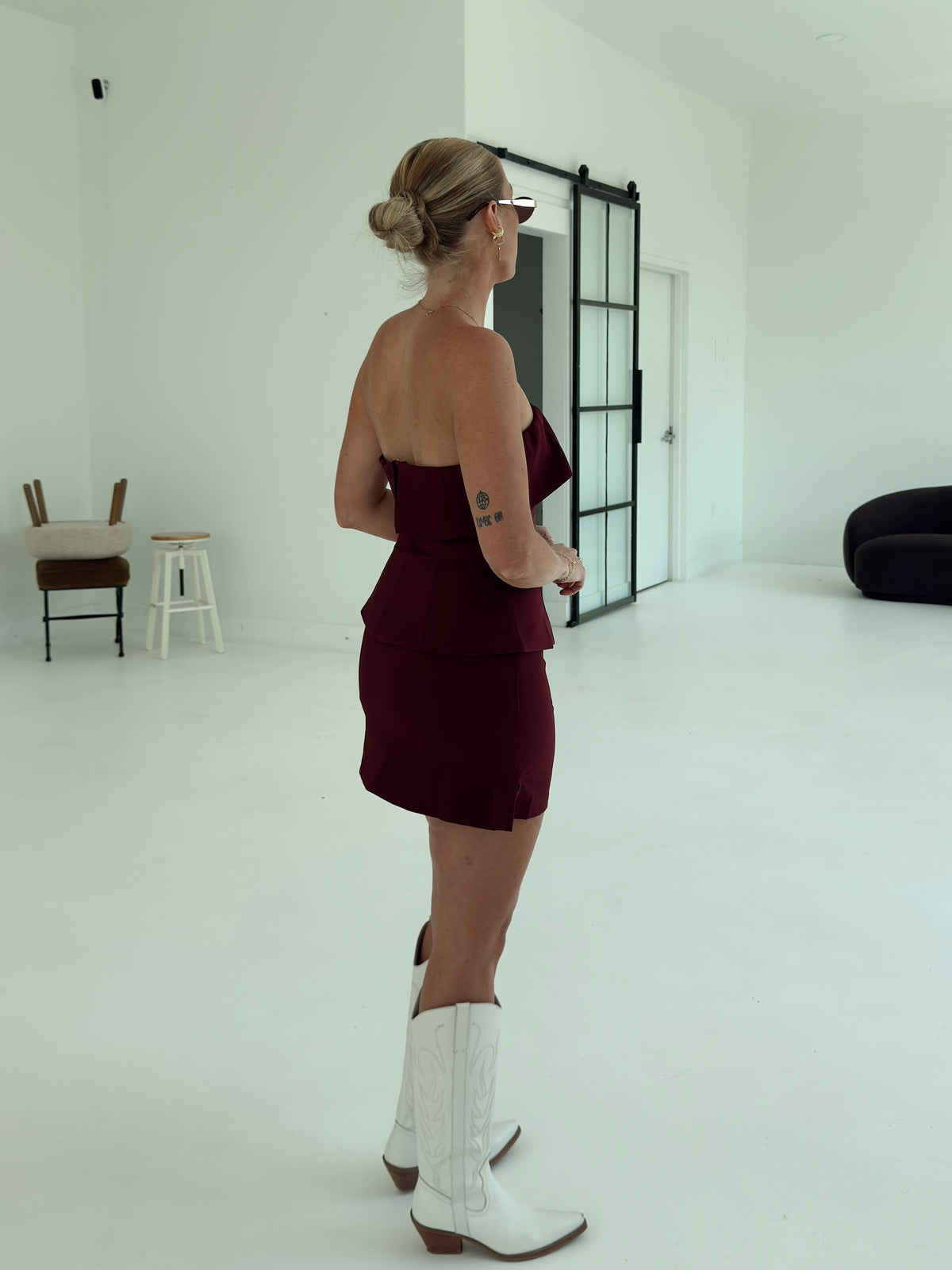 Crepe High Waist Mini Skort - Maroon