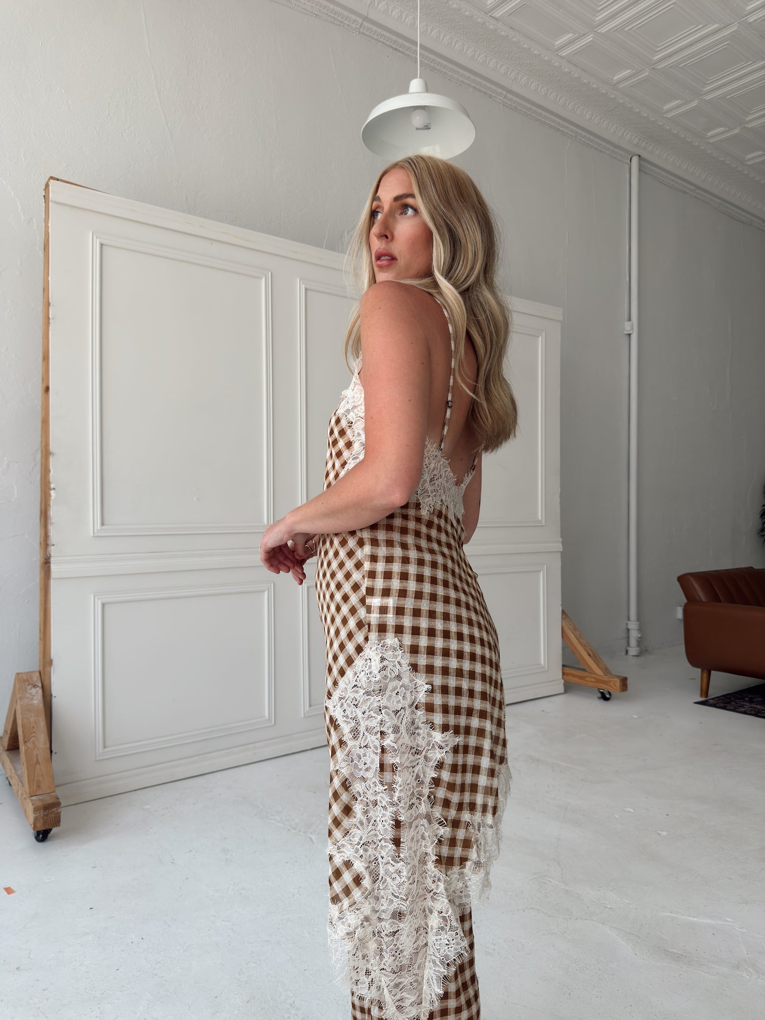 Georgia Gingham Lace Trim Set - Camel
