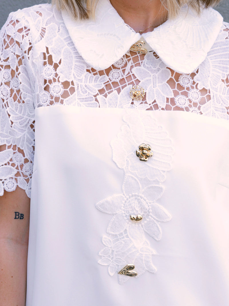 Ornate Buttons White Mini Dress