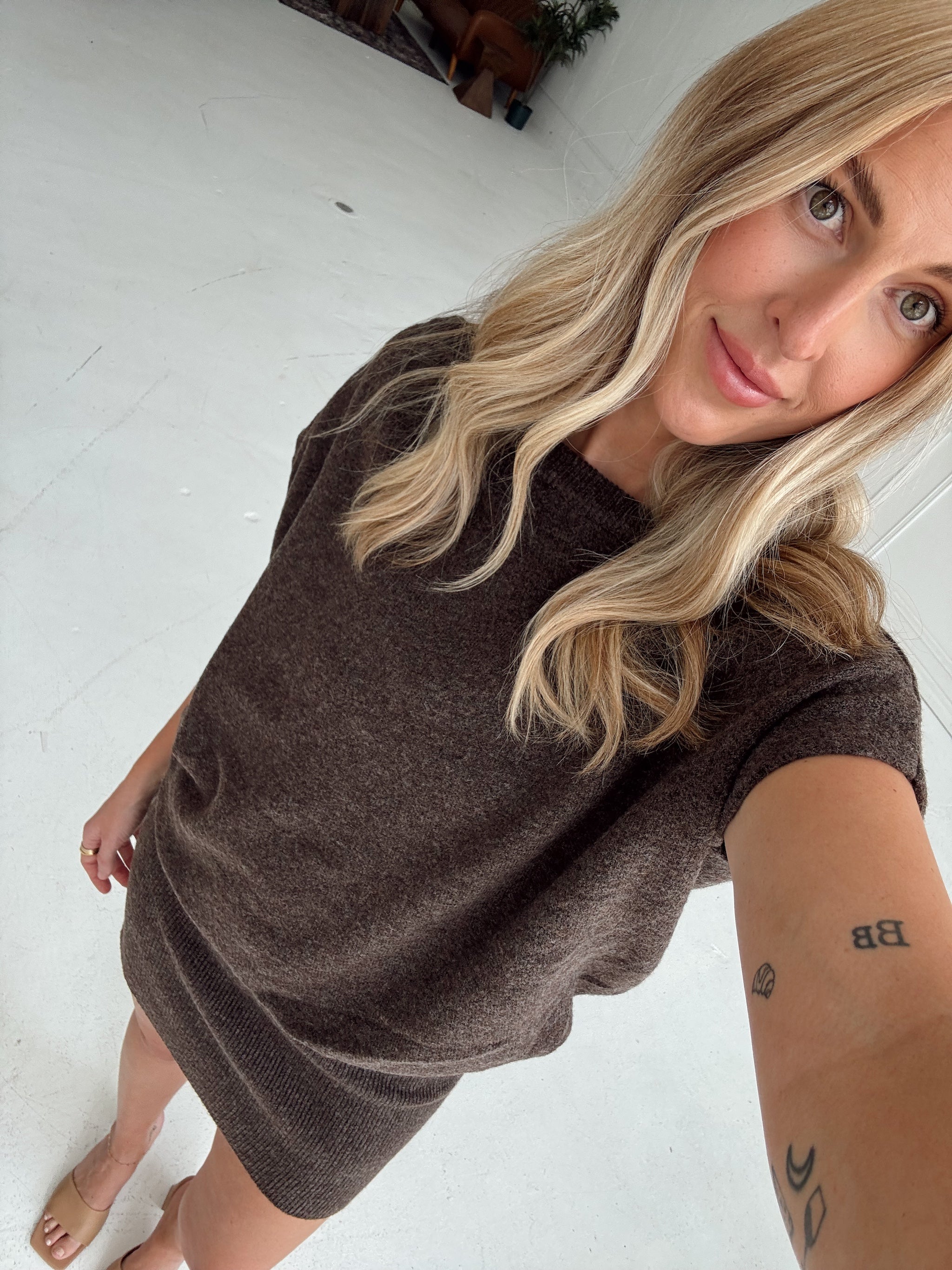 Lauren Off Shoulder Drop Waist Sweater Dress - Brown