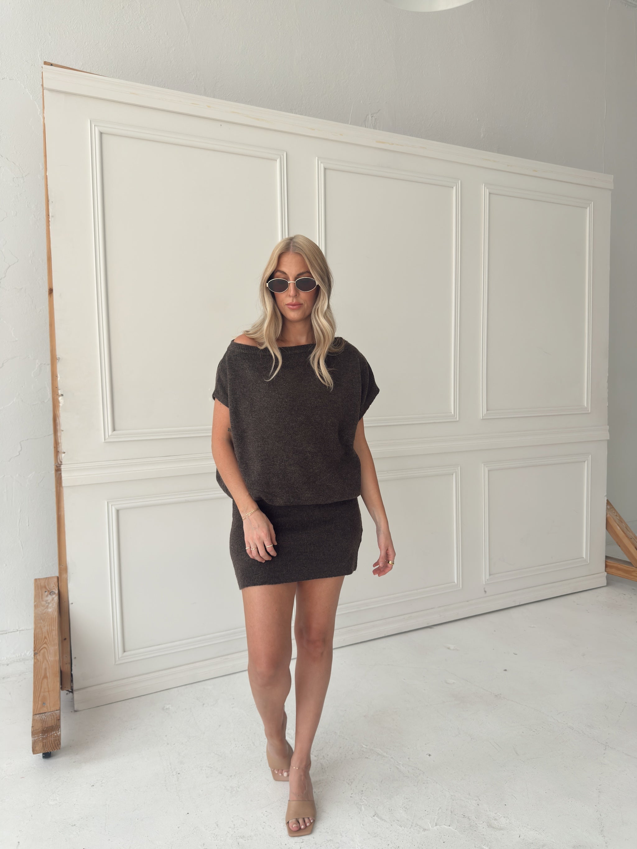 Lauren Off Shoulder Drop Waist Sweater Dress - Brown