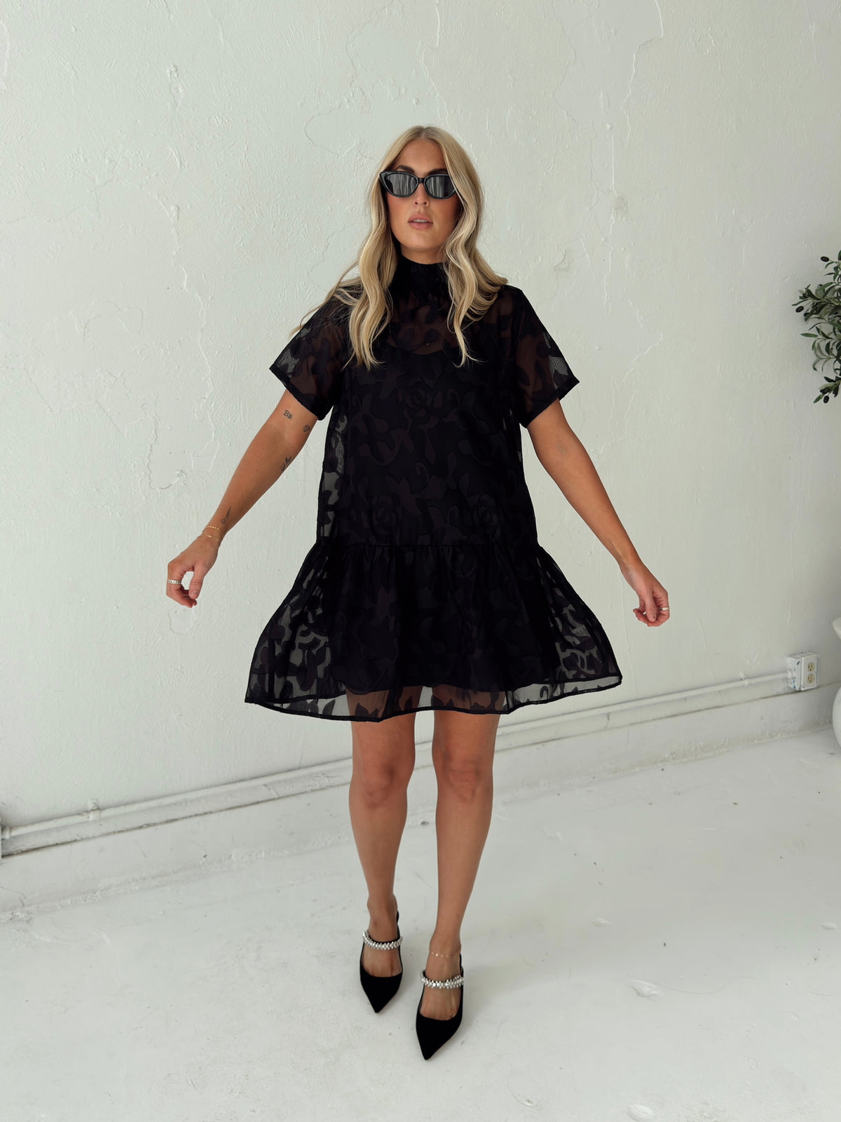 Kelly Floral Jacquard Tie-neck Mini Dress
