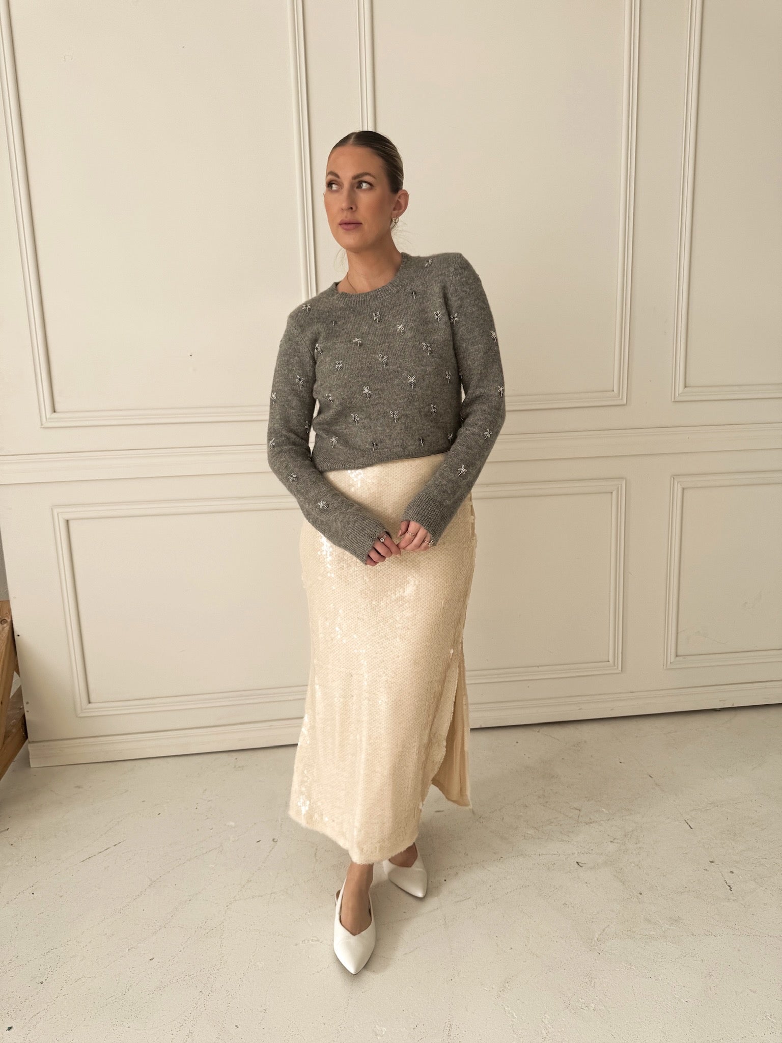 Endless Rose Ivory Sequin Midi Skirt