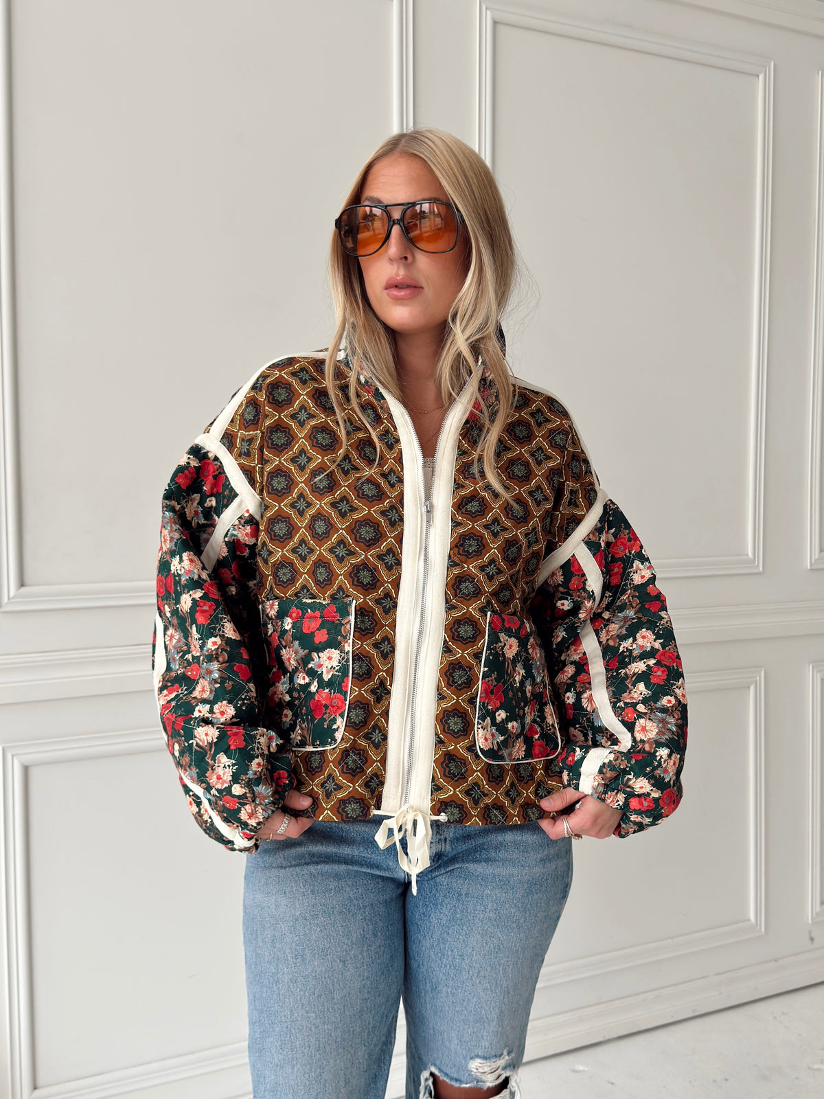 Quinn Quilted Bomber Jacket in Brown