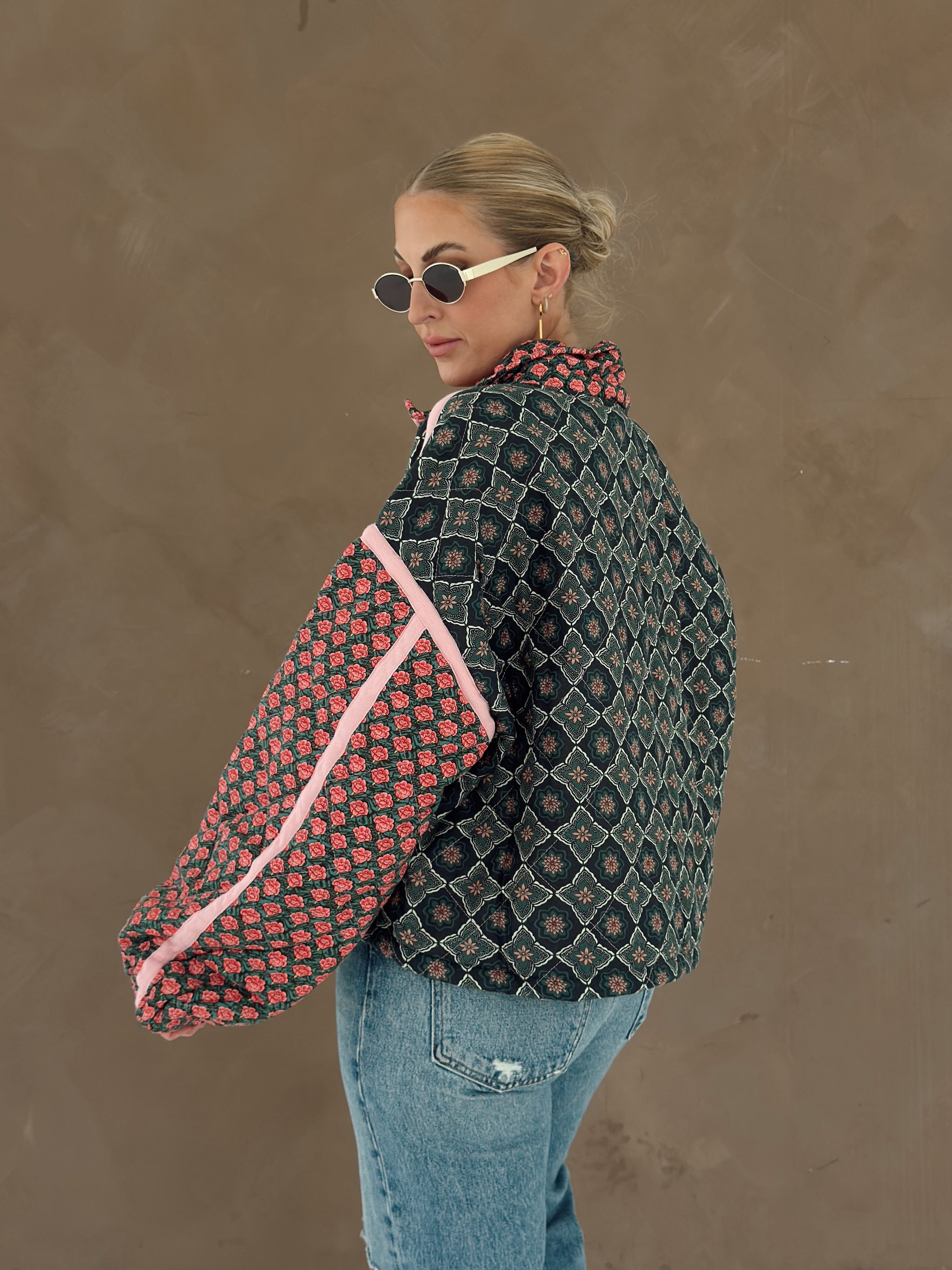 Quinn Quilted Bomber Jacket in Rose Garden