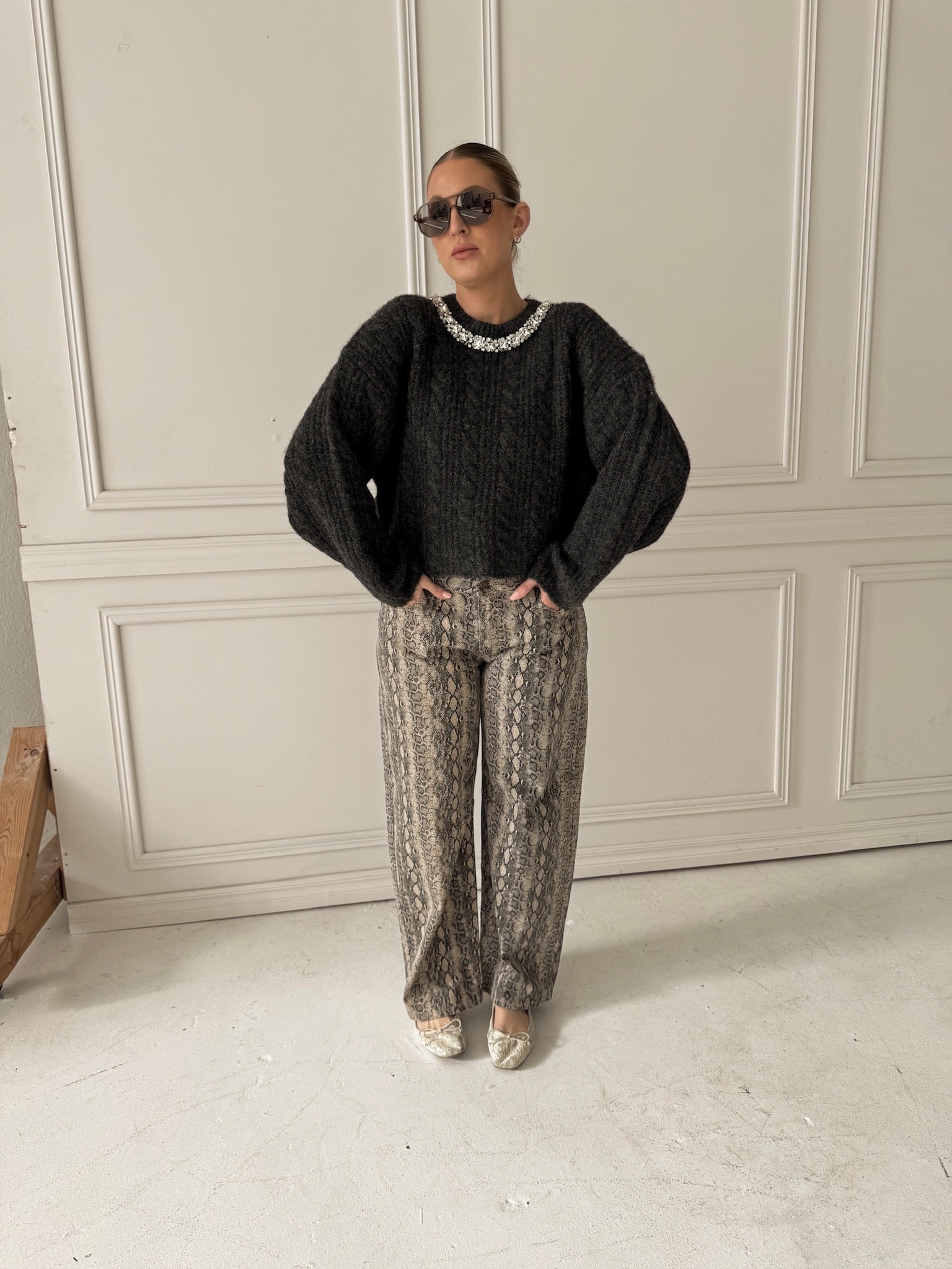 Endless Rose Jewel Embroidered Cable Knit Sweater