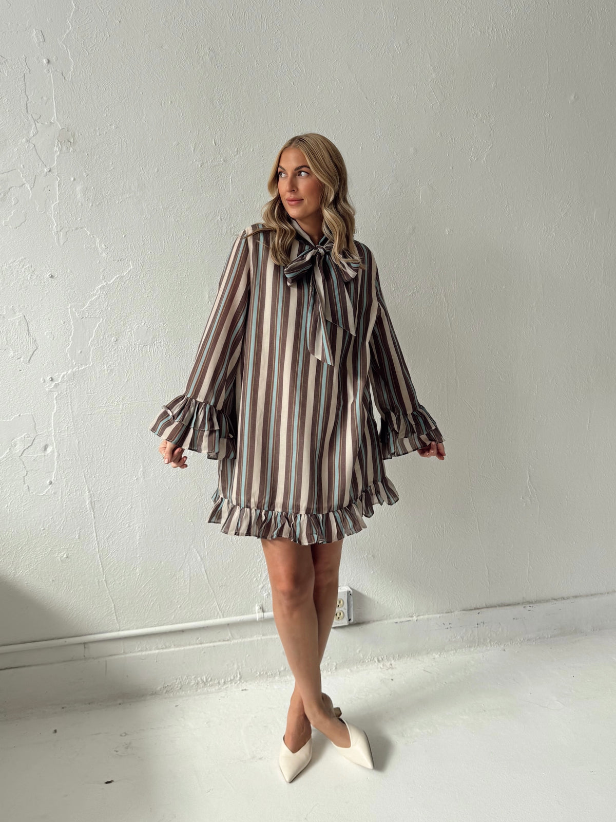 Junie Stripe Ruffle Hem Mini Dress