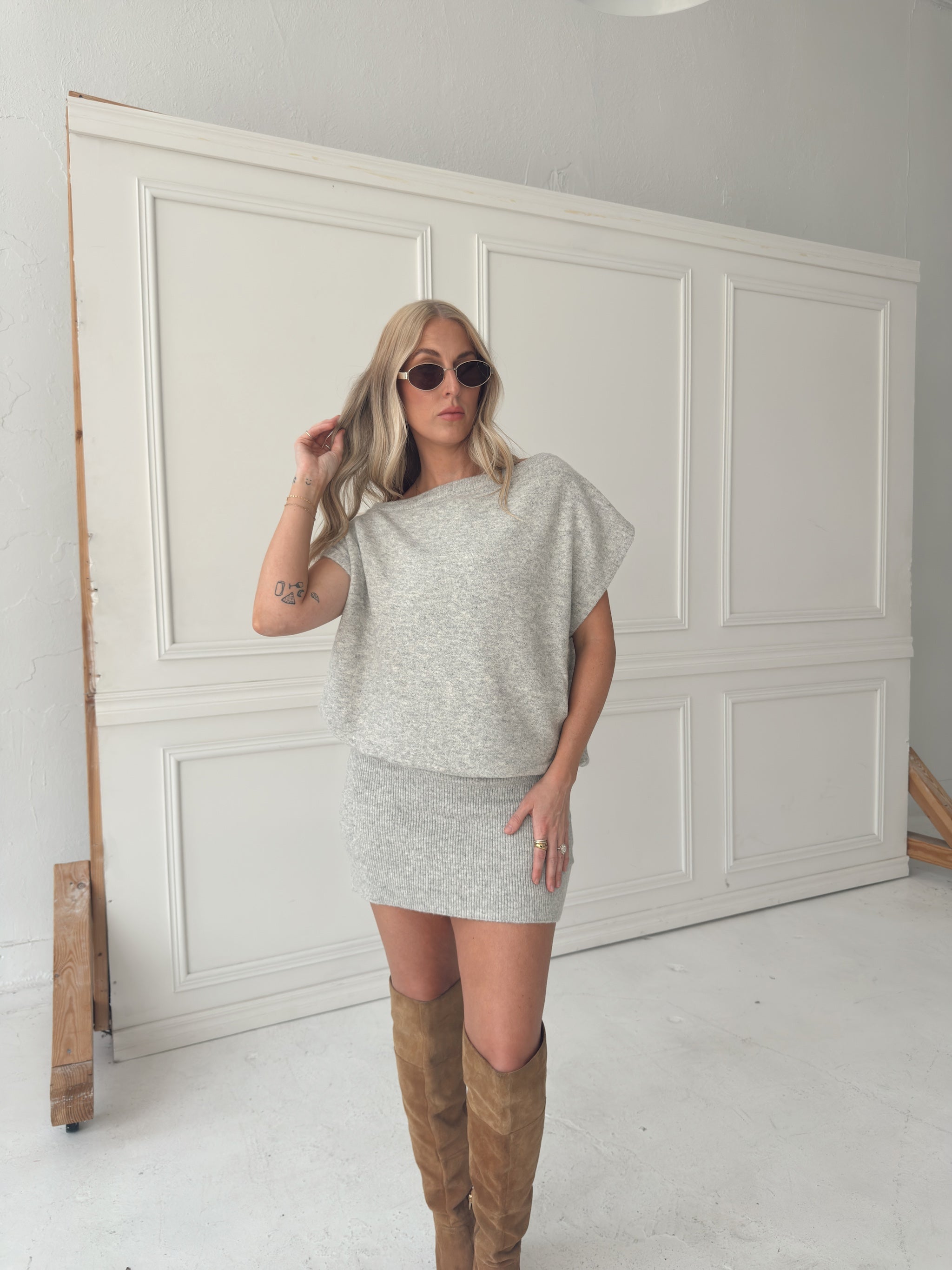 Lauren Off Shoulder Drop Waist Sweater Dress - Heather Grey