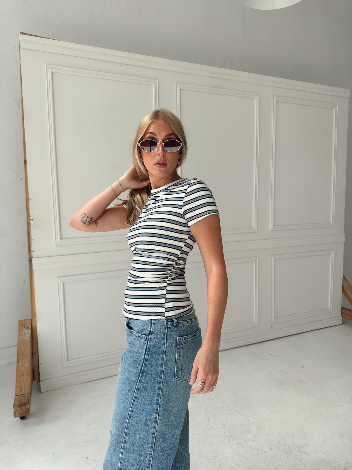 Sophia Stripe Ruched Short Sleeve Top