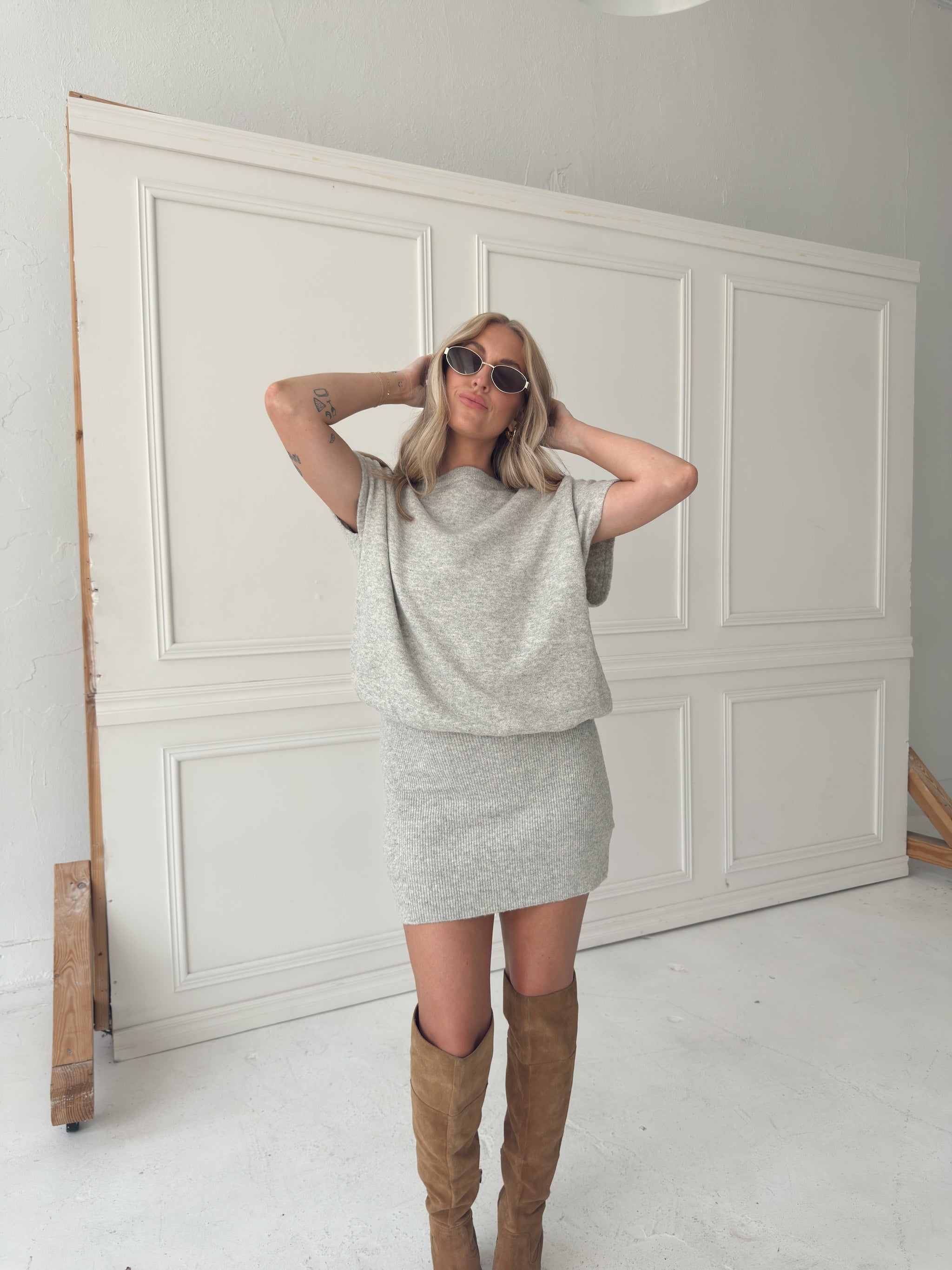 Lauren Off Shoulder Drop Waist Sweater Dress - Heather Grey