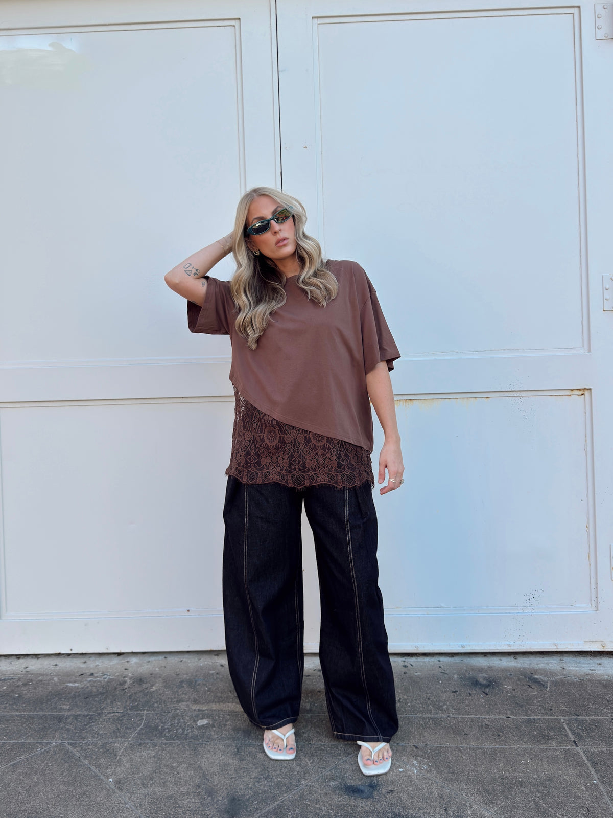 Jacqueline Lace Asymmetrical Tee - Brown