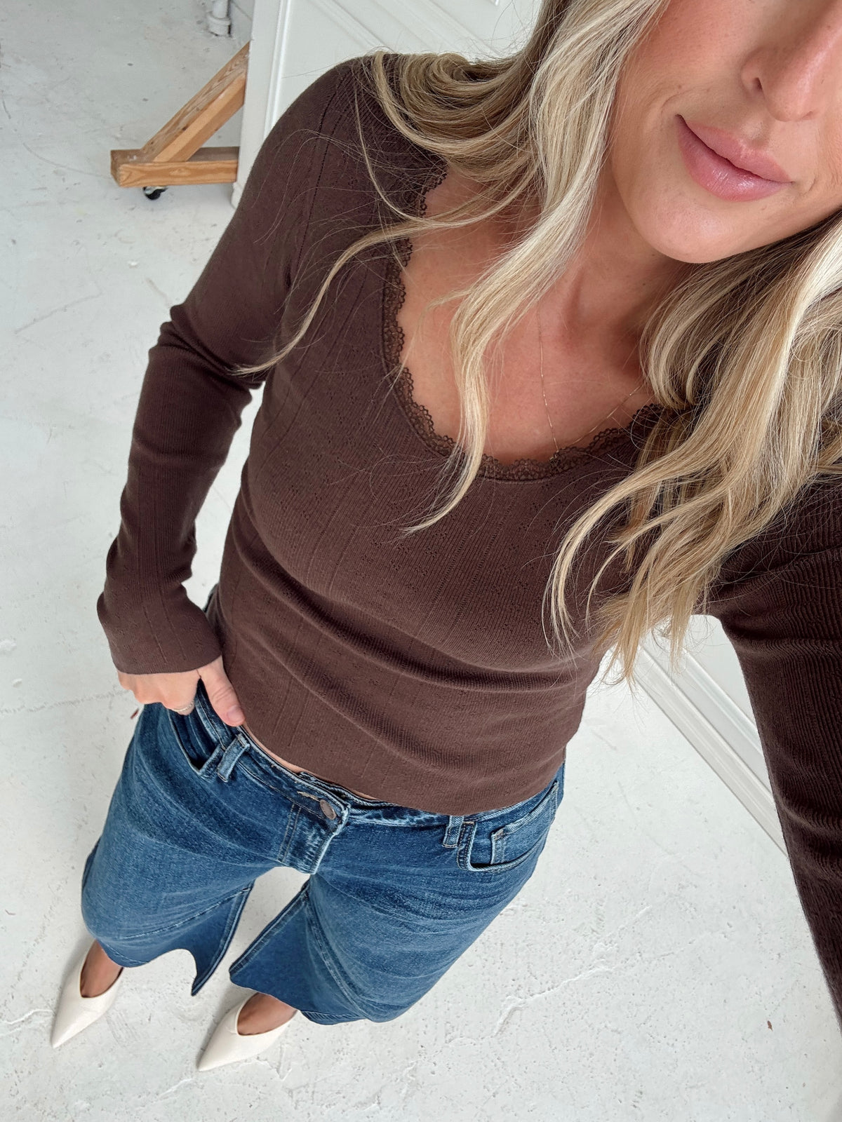Presley Pointelle Rib Knit Sweater - Brown