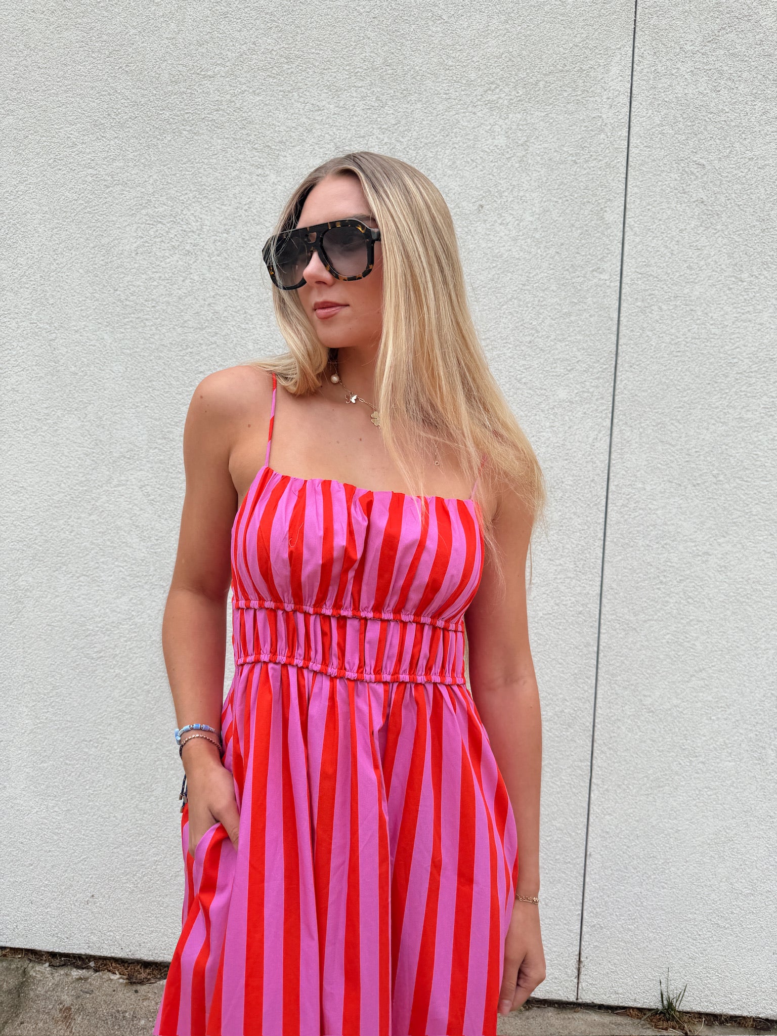 English Factory Striped Smocked Waist Midi Dress - Pink/Red