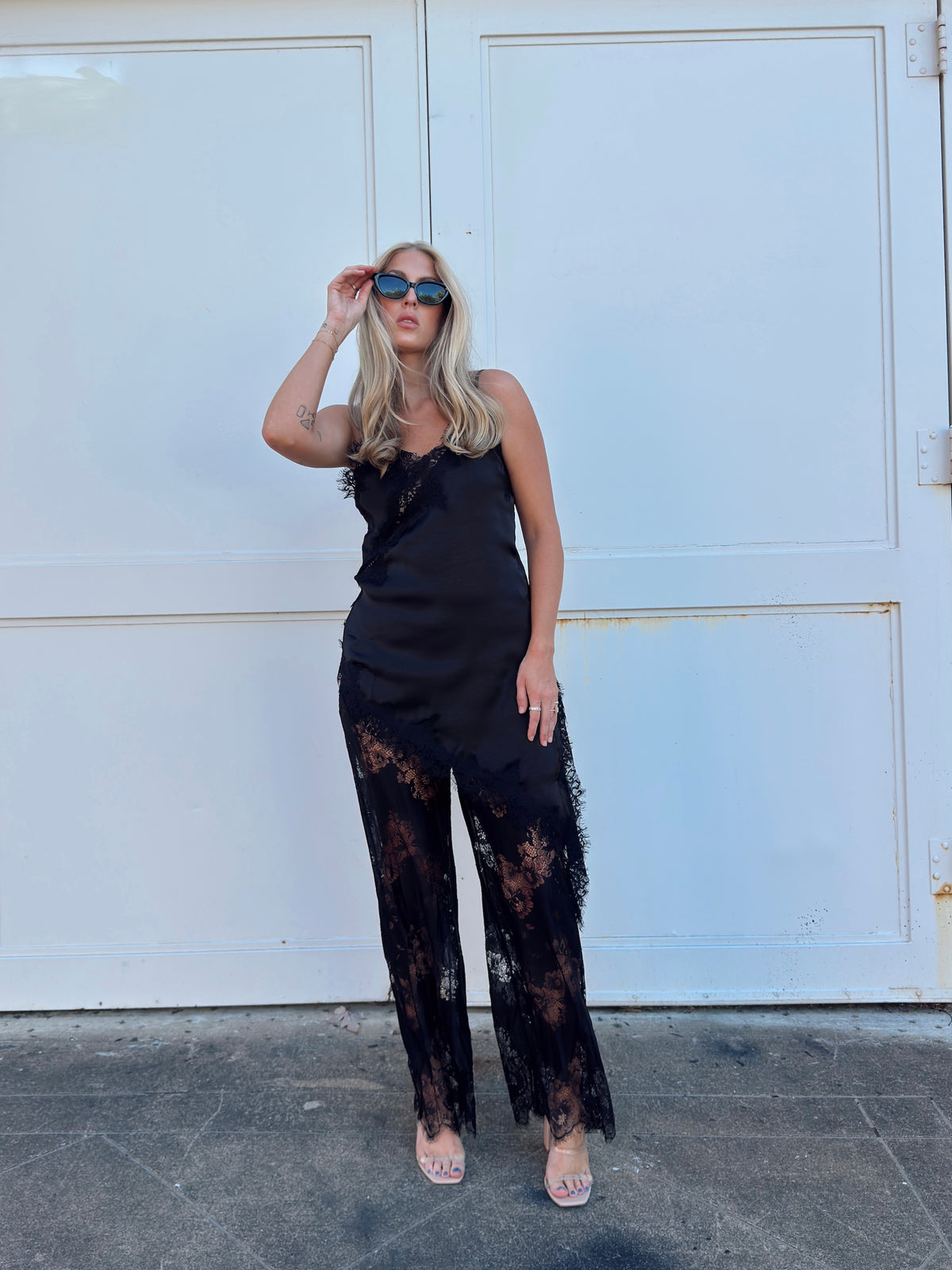 Maia Satin Lace Trim Set - Black