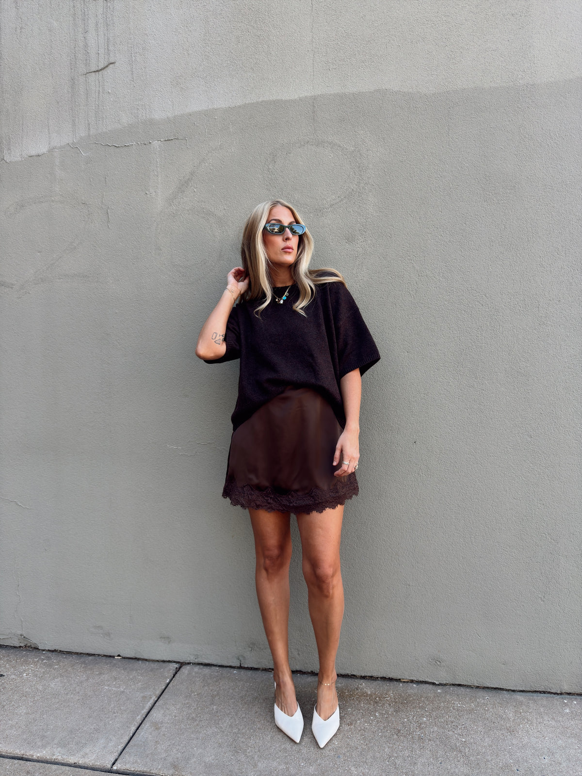 Pre-Order Sabrina Lace Trim Mini Skort - Espresso (restock eta 11/15)