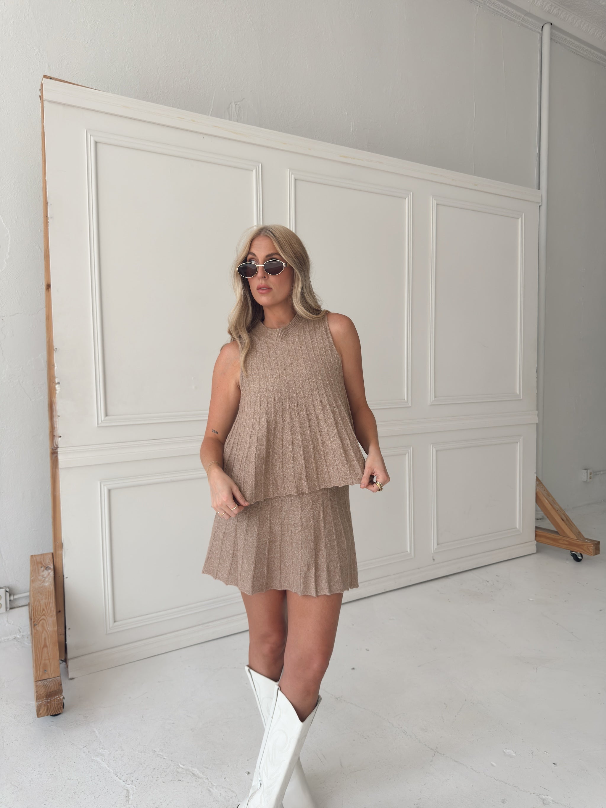 Rylan Ribbed Sweater A-line Mini Skirt With Flared Hem - Mocha