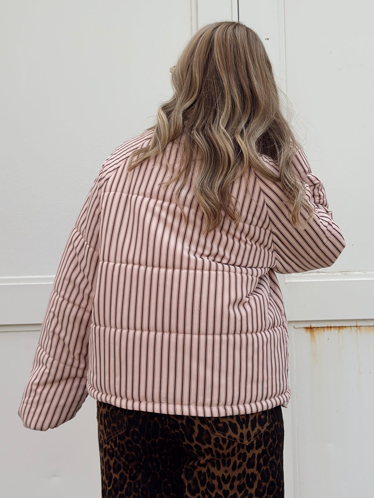 Brown and Blush Striped Puffer Jacket