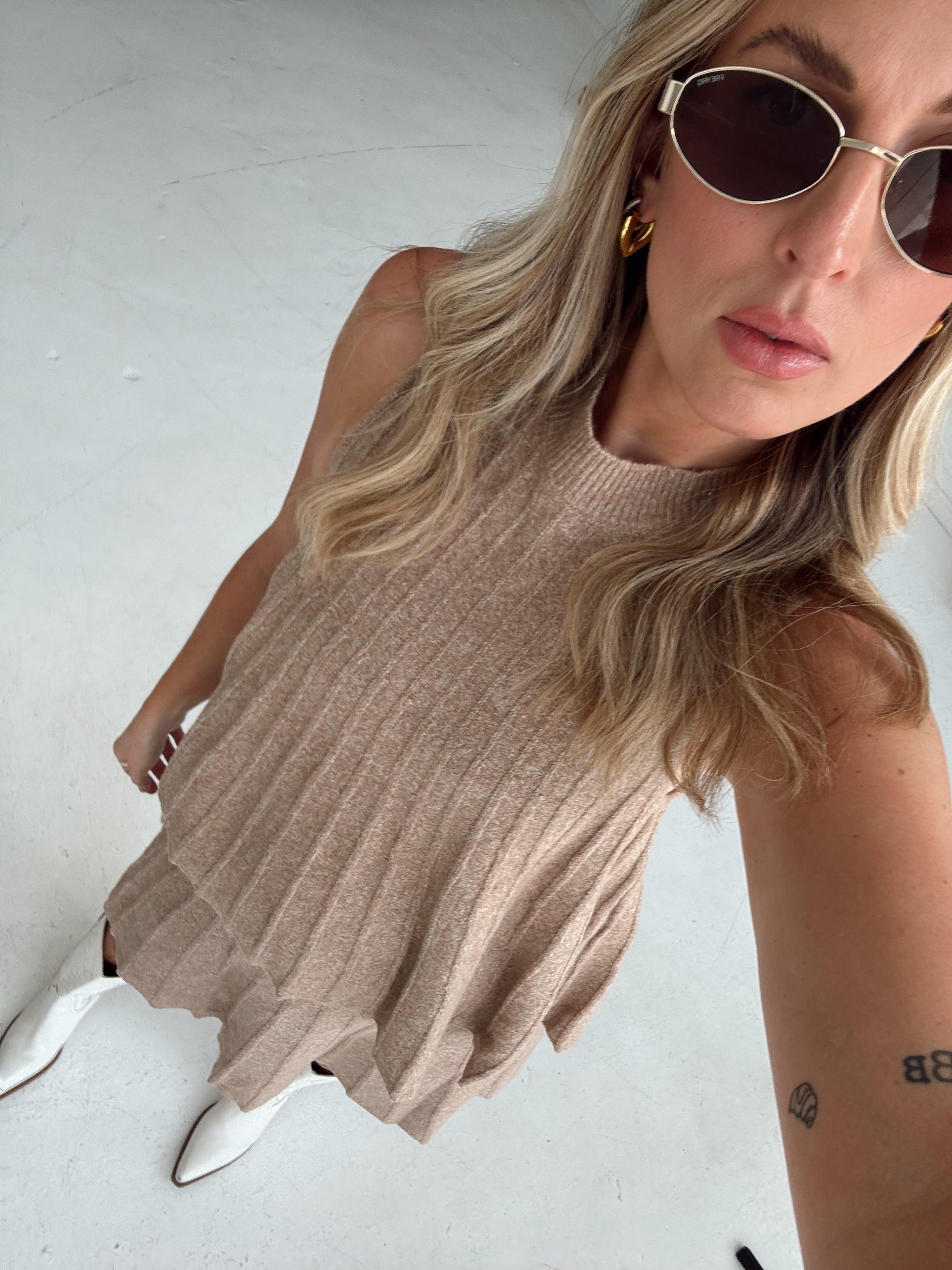 Rylan Ribbed Sweater A-line Mini Skirt With Flared Hem - Mocha