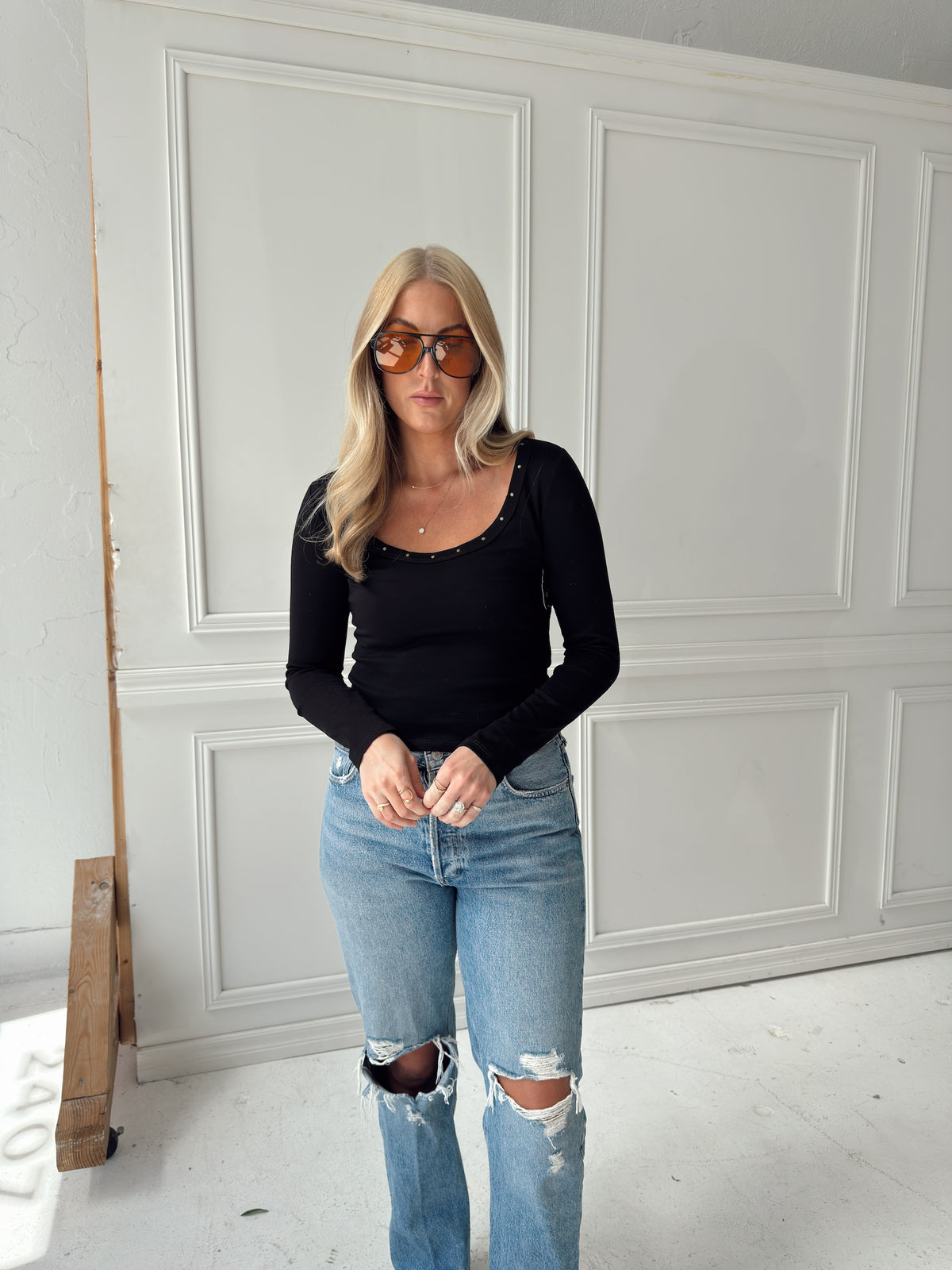 Amelia Studded Long Sleeve Top - Black