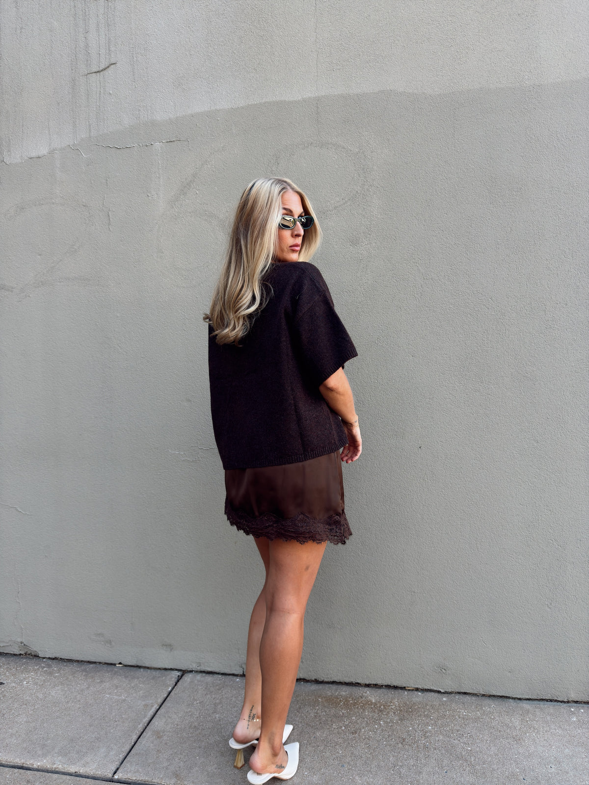 Pre-Order Sabrina Lace Trim Mini Skort - Espresso (restock eta 11/15)