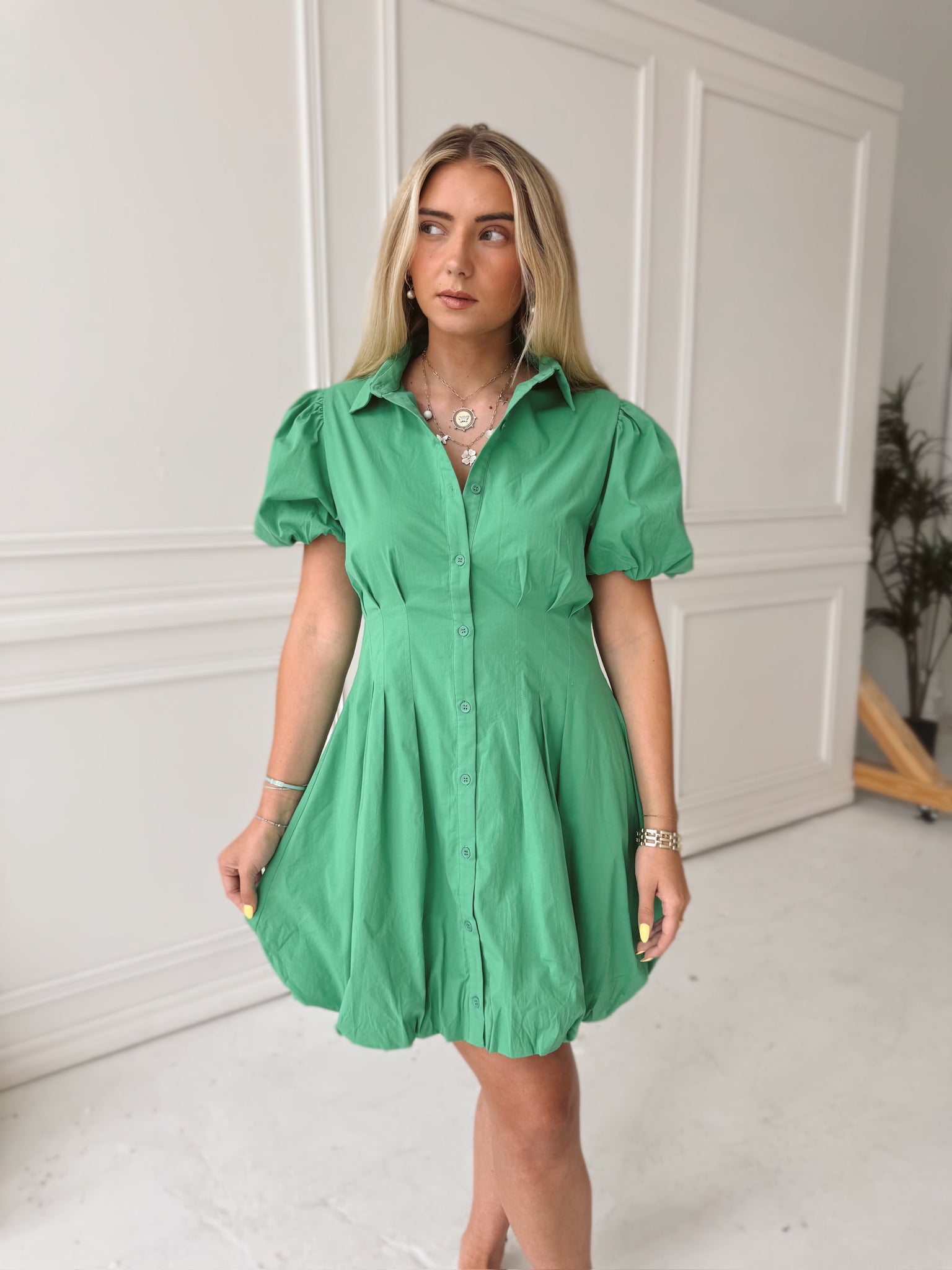 Piper Puff Sleeve Green Mini Dress