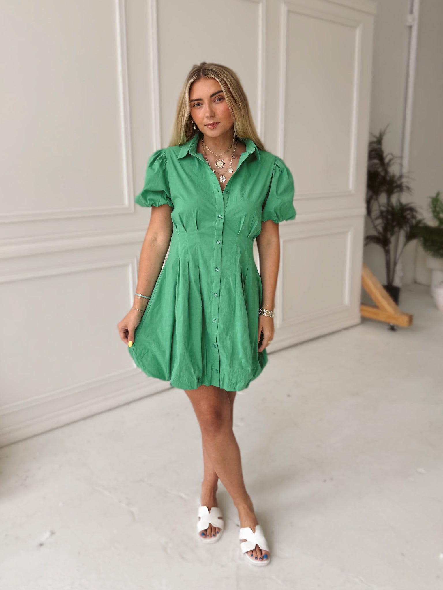 Piper Puff Sleeve Green Mini Dress