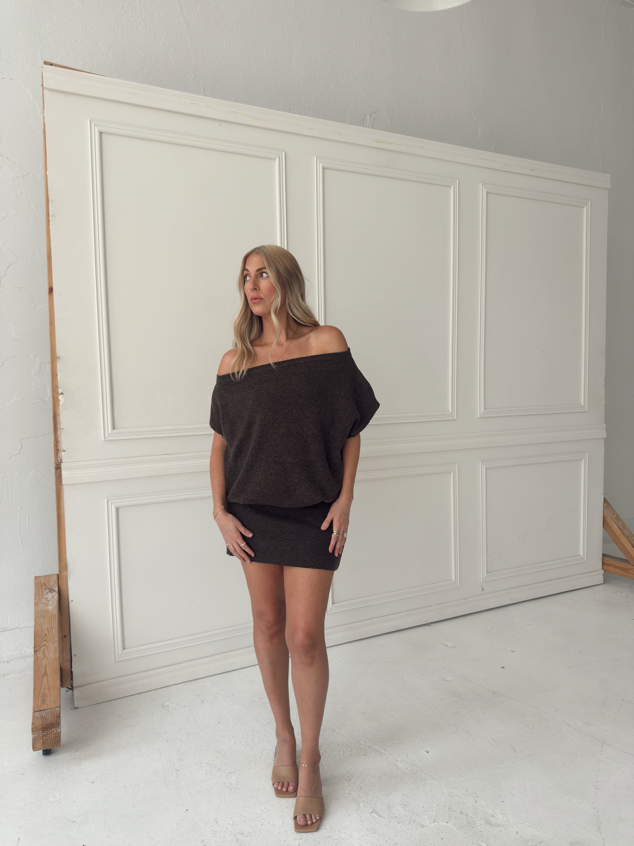 Lauren Off Shoulder Drop Waist Sweater Dress - Brown