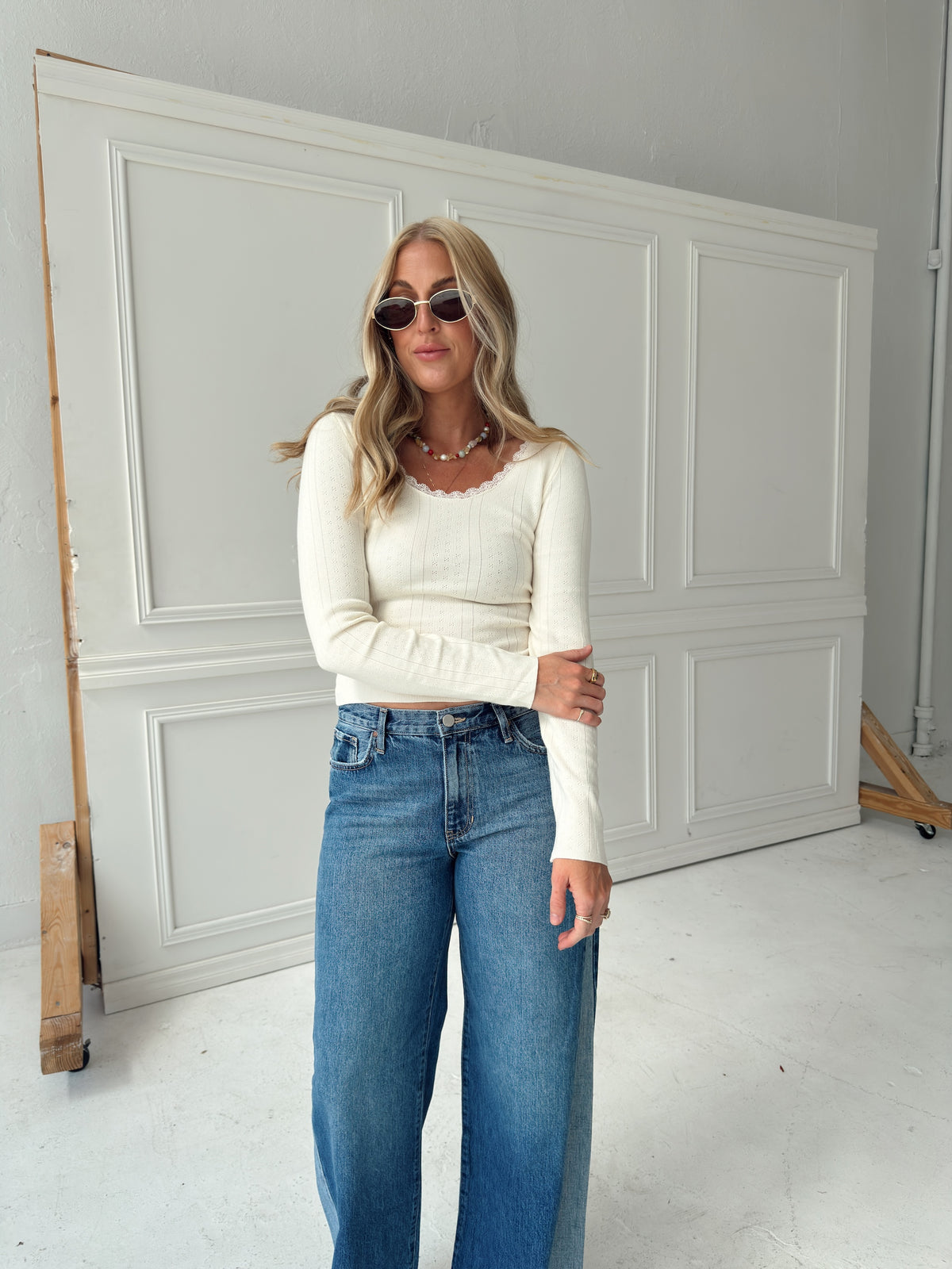 Presley Pointelle Rib Knit Sweater - Ivory