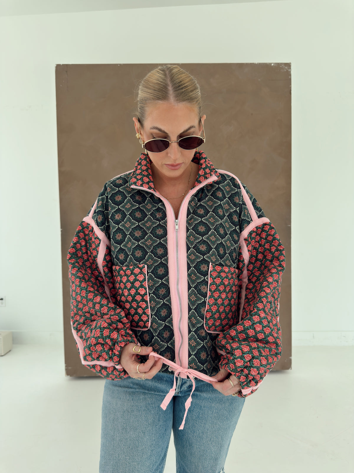 Quinn Quilted Bomber Jacket in Rose Garden