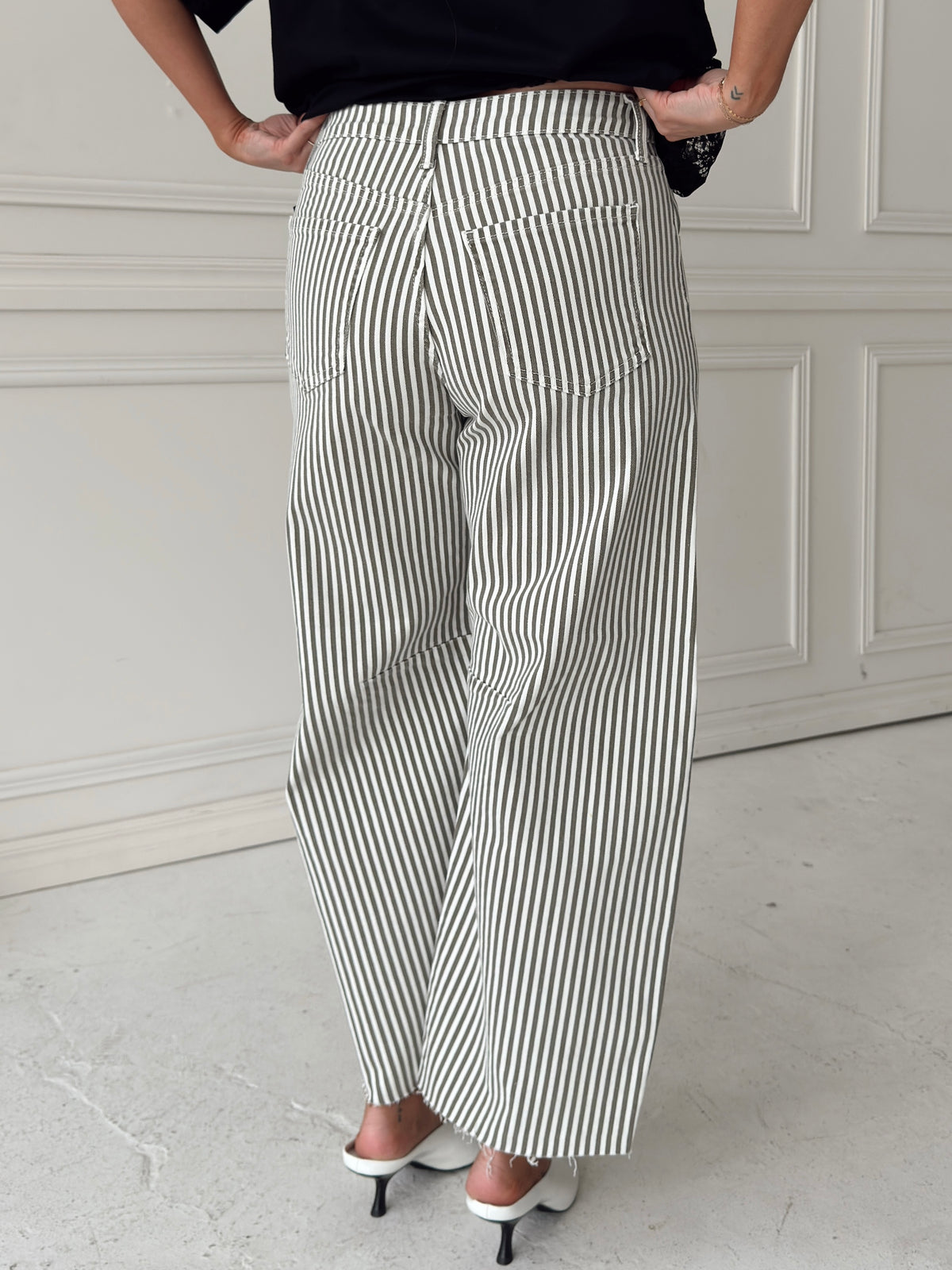 A person shown from the back wearing wide-leg striped jeans with vertical olive and off-white stripes, paired with a black top and white heeled mules, standing in front of a white paneled wall.