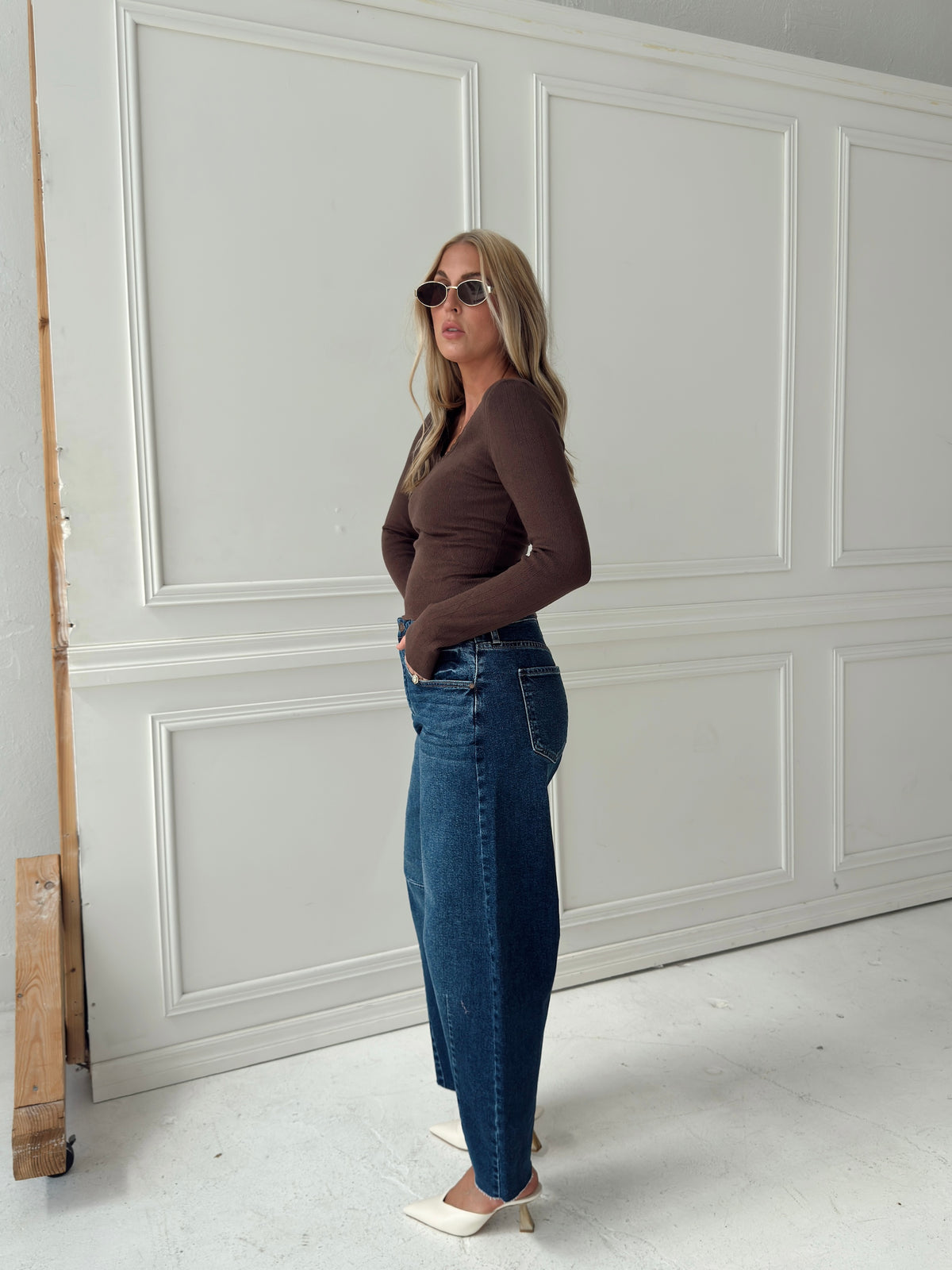 Presley Pointelle Rib Knit Sweater - Brown
