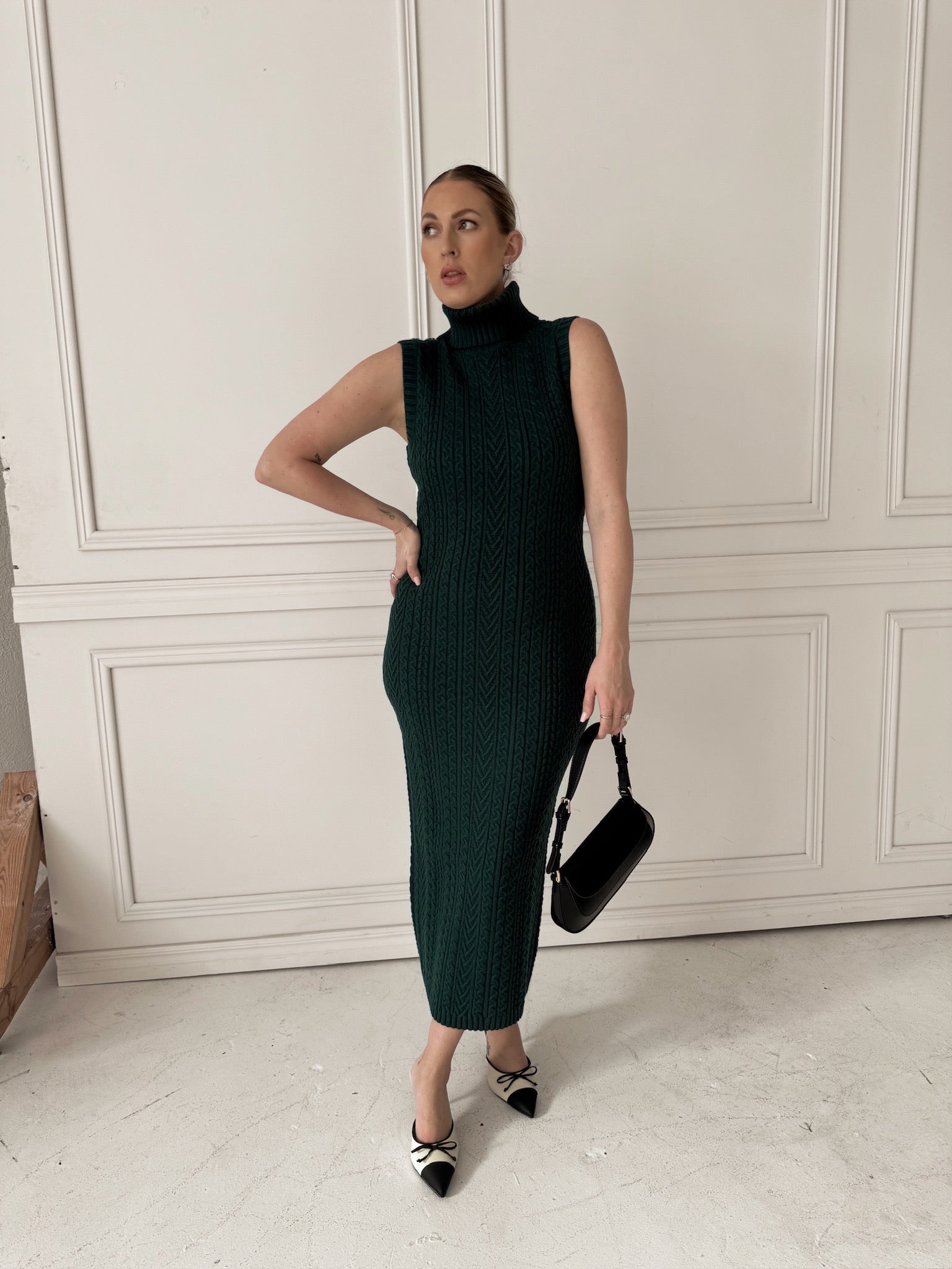 English Factory Cable Knit Mock Neck Midi Dress